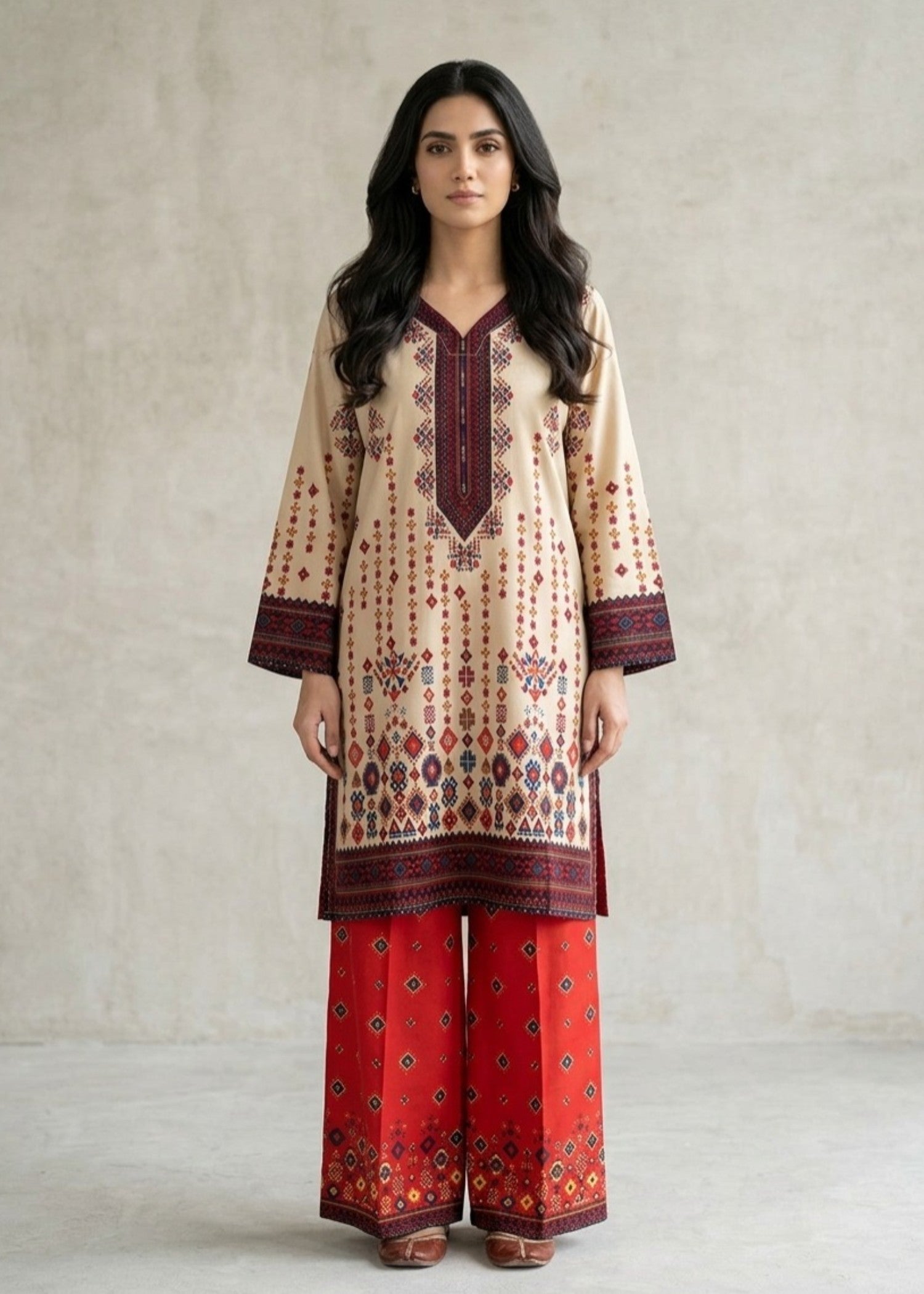 silk crepe Kurta Set in Beige