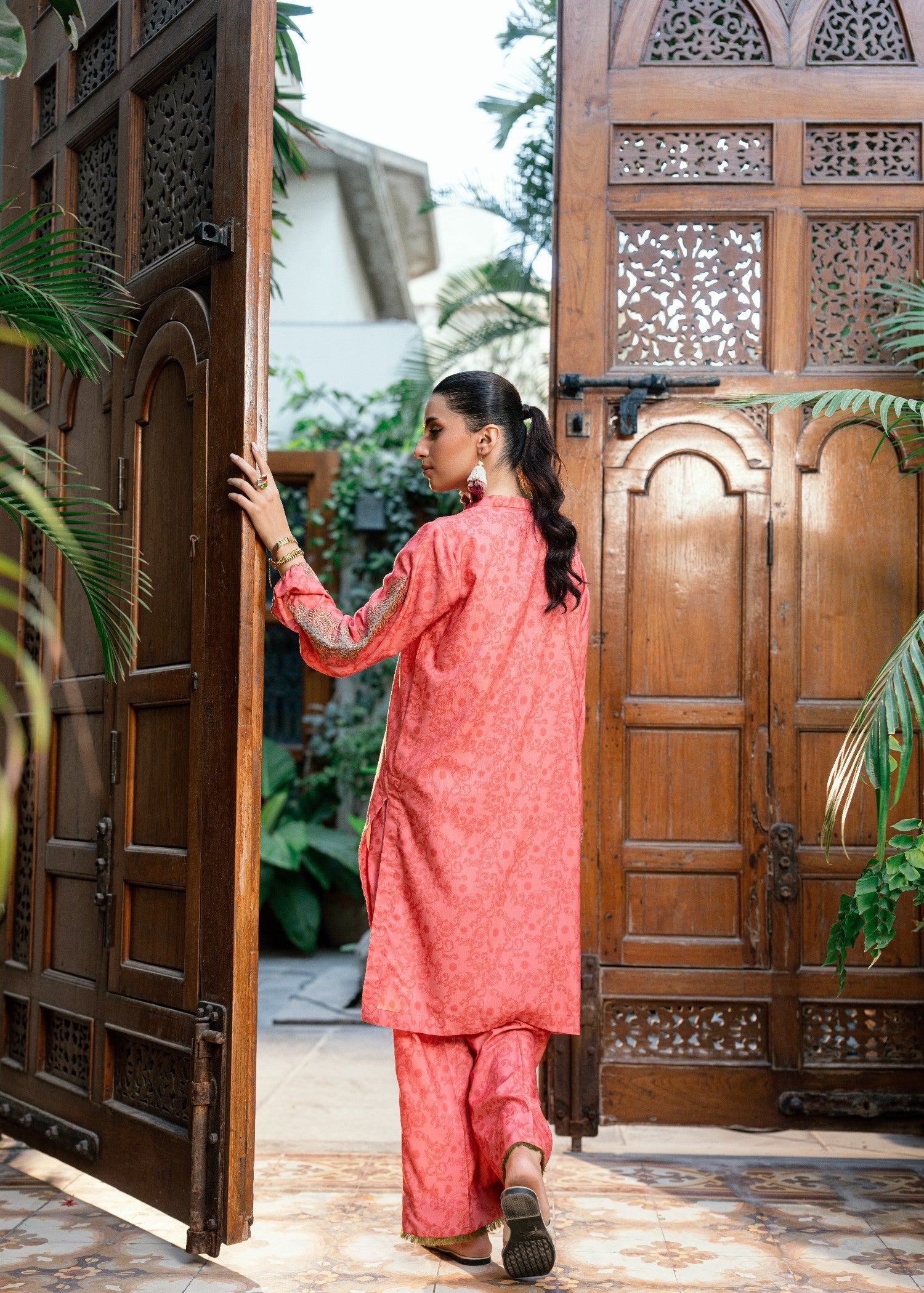 slub lawn Kurta Set in Indian pink