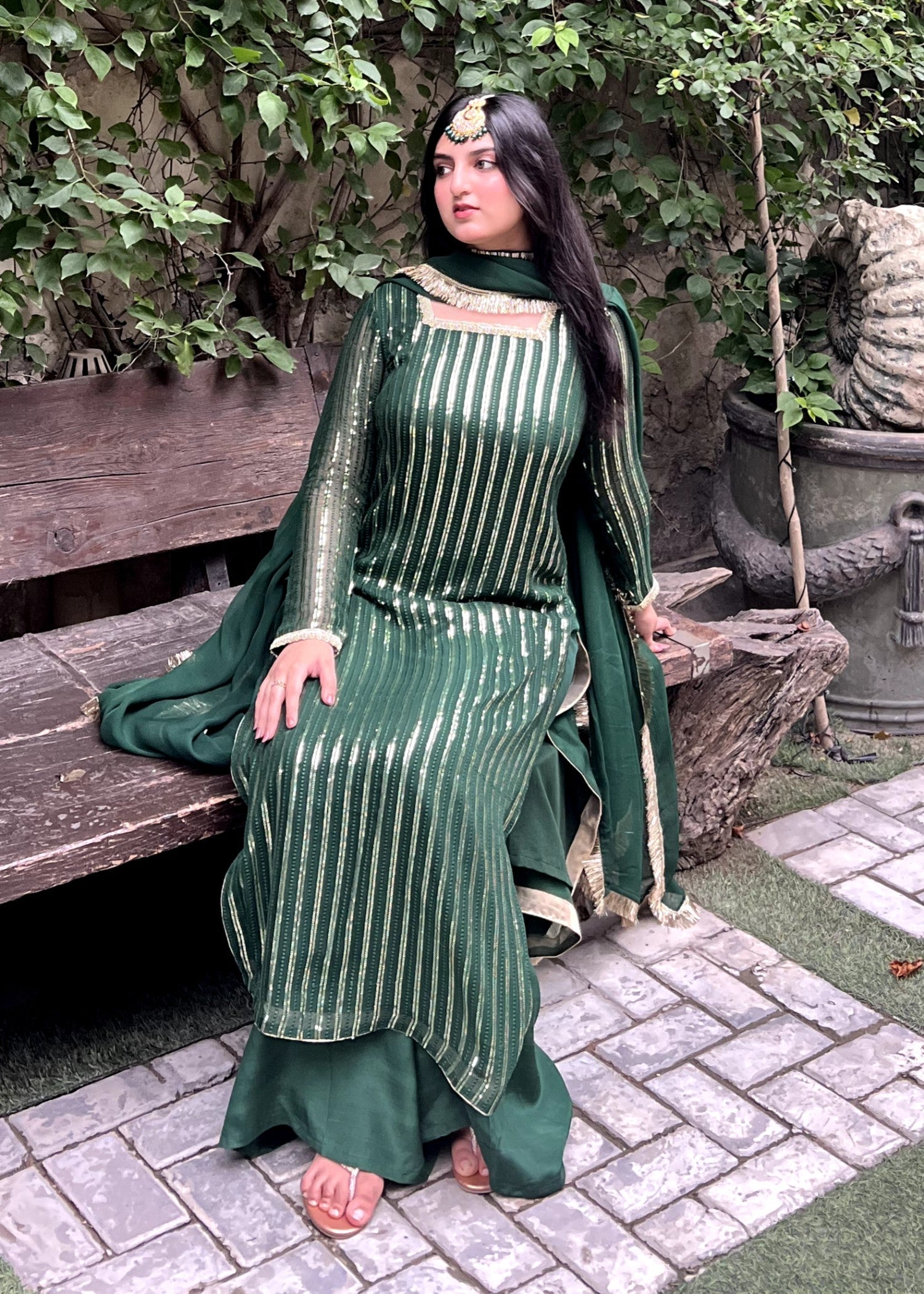 chiffon Kurta Set in Bottle green