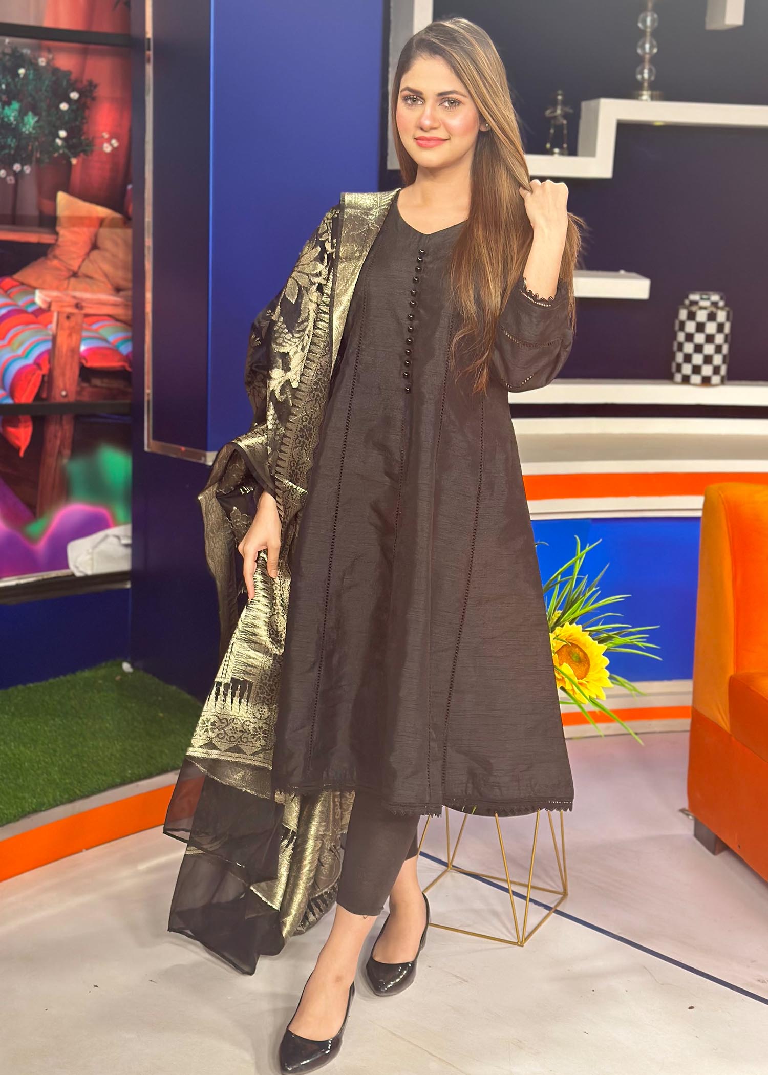 raw silk Short Frock in Black