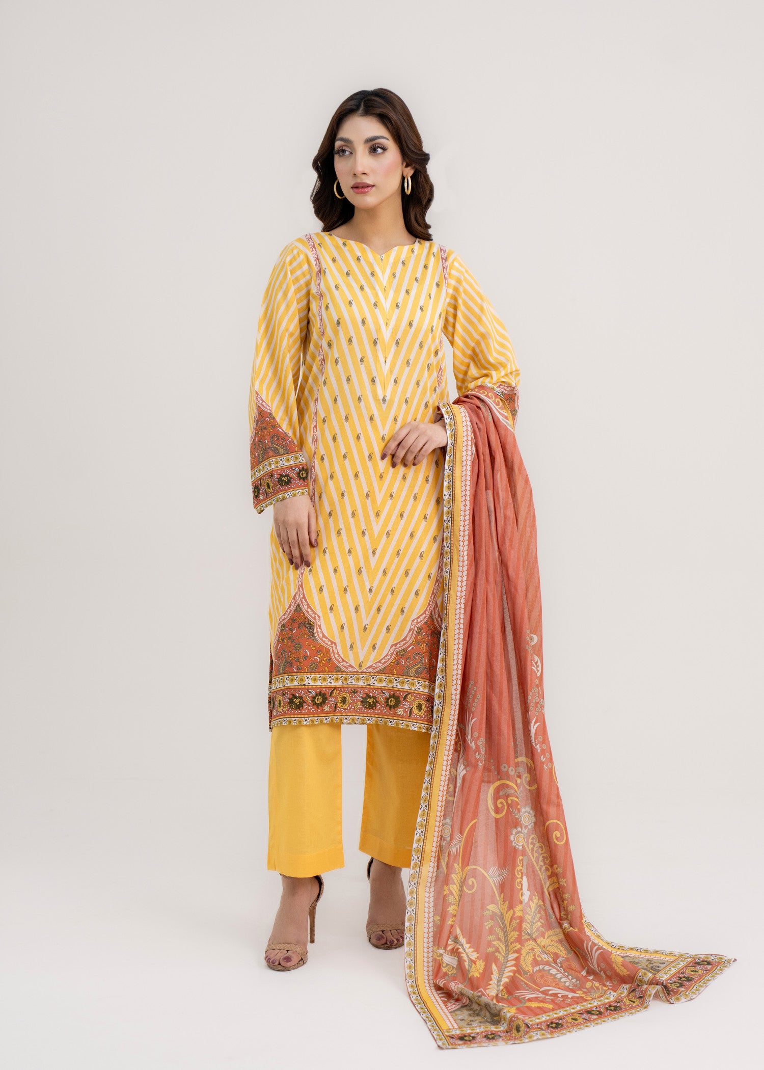 lawn Unstitched in Peach pink, yellow