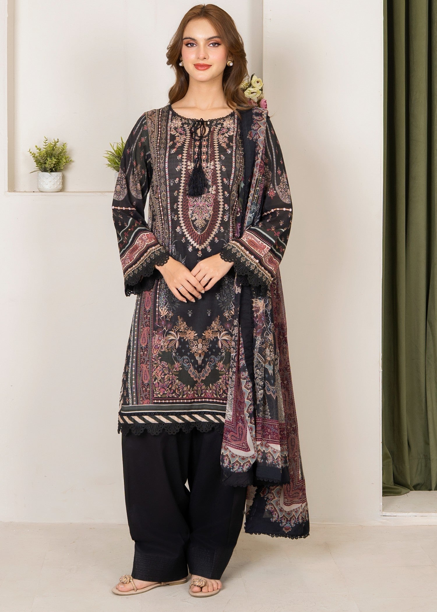 slub lawn Kurta Set in Black