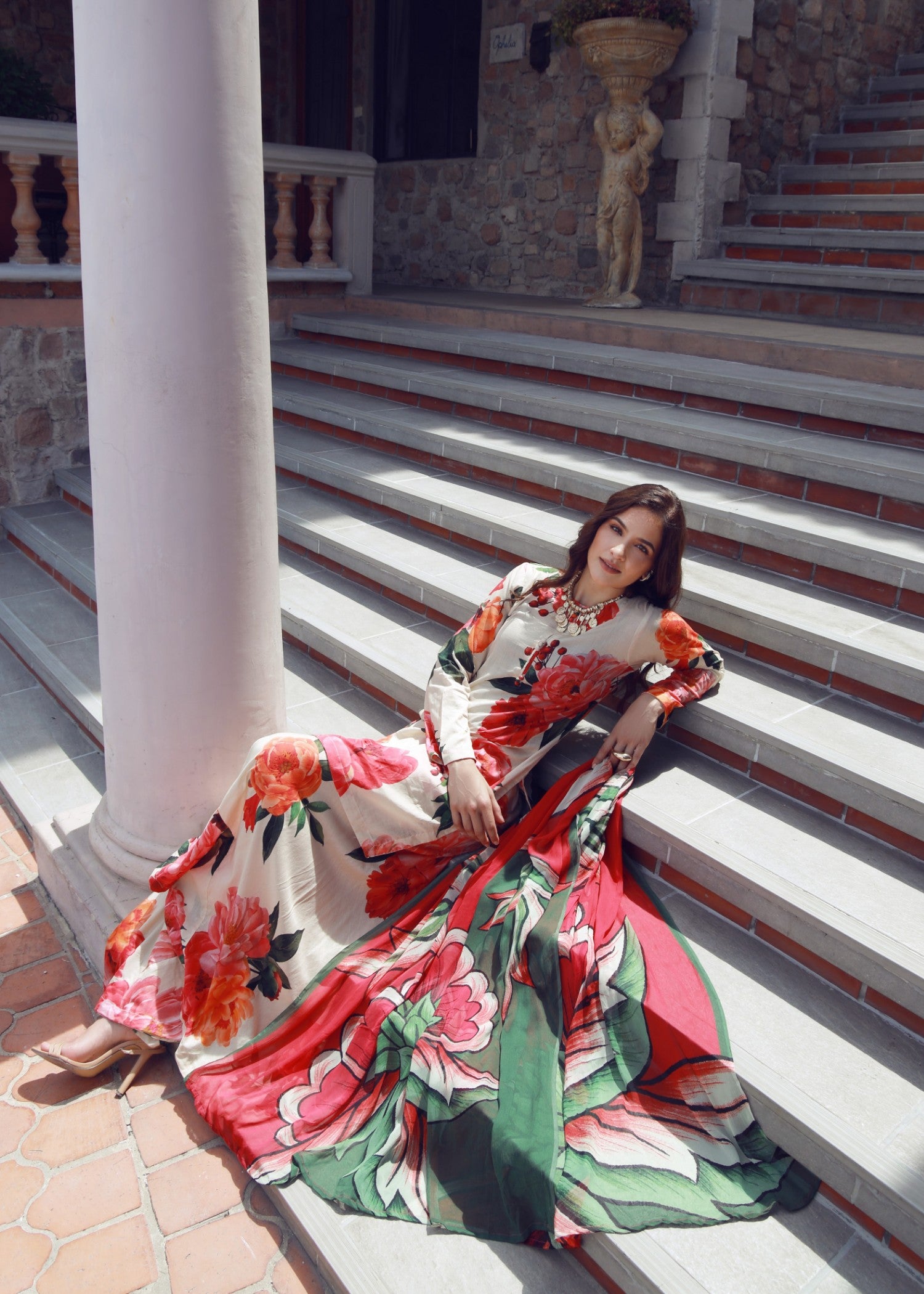 lawn Sharara in Red, white