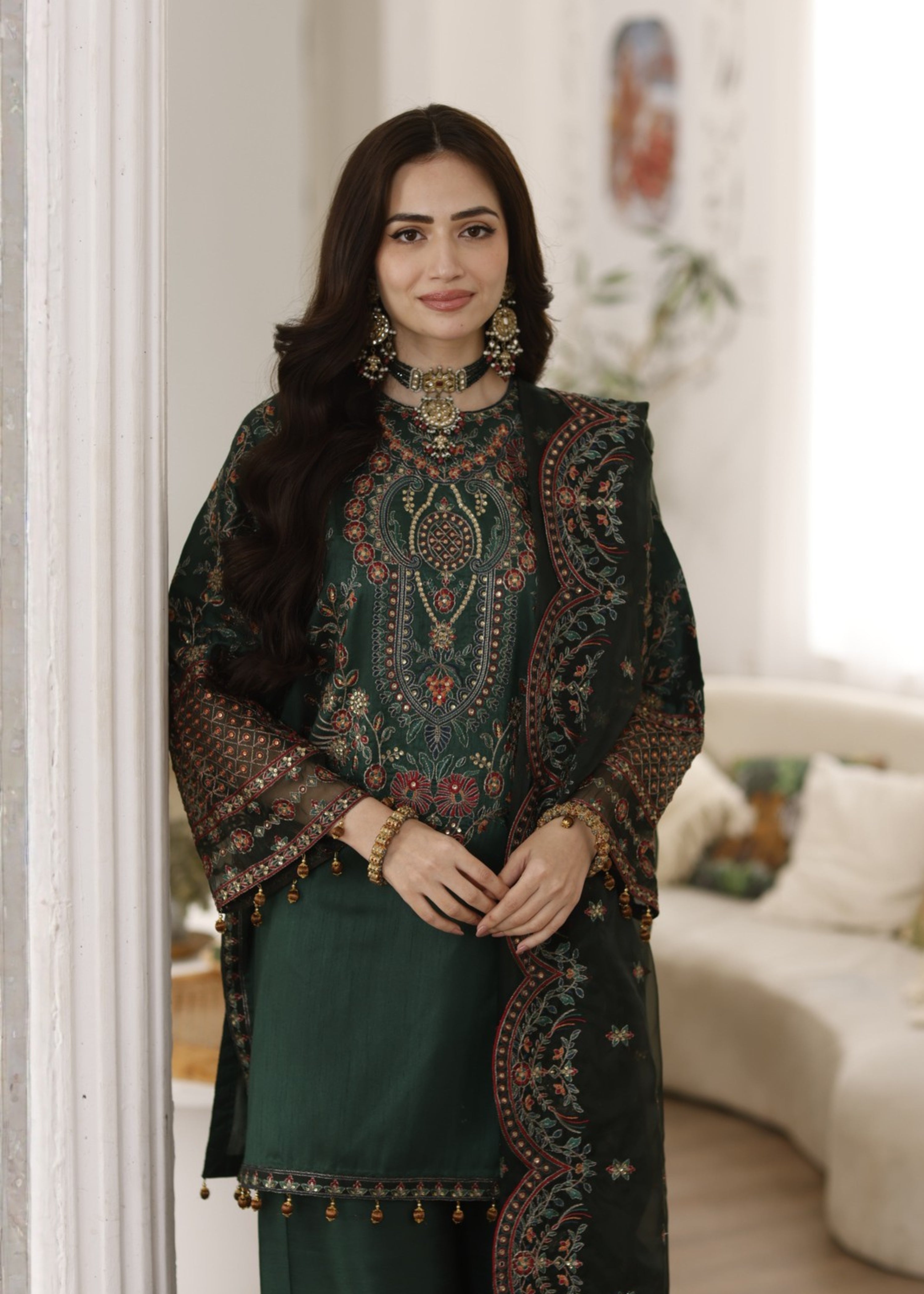 raw silk Kurta Set in Dark green