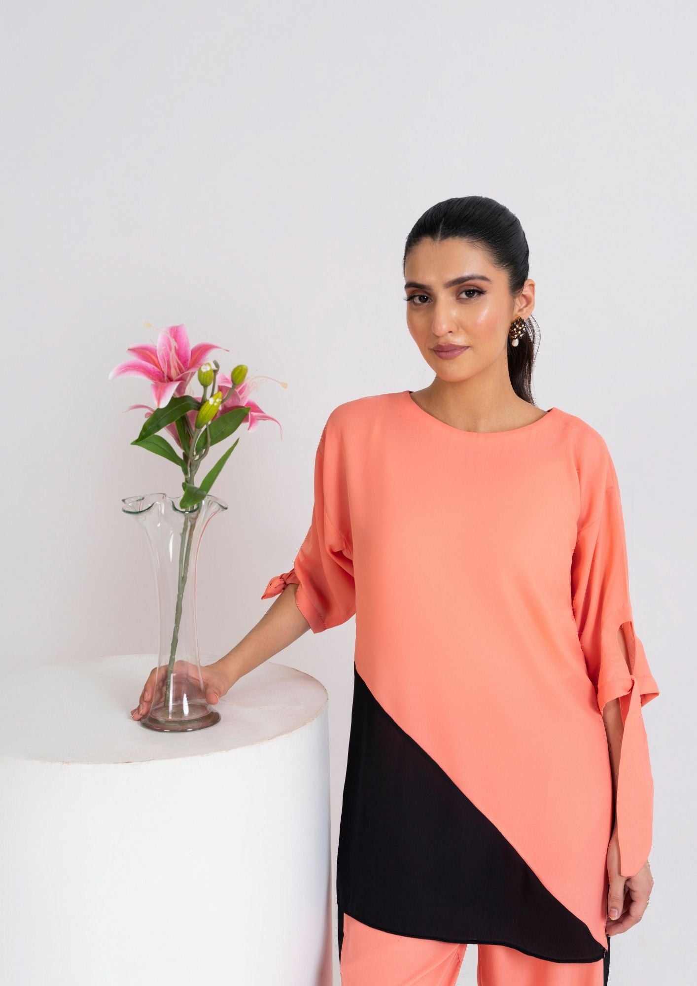 georgette Tunic in Peach orange, black