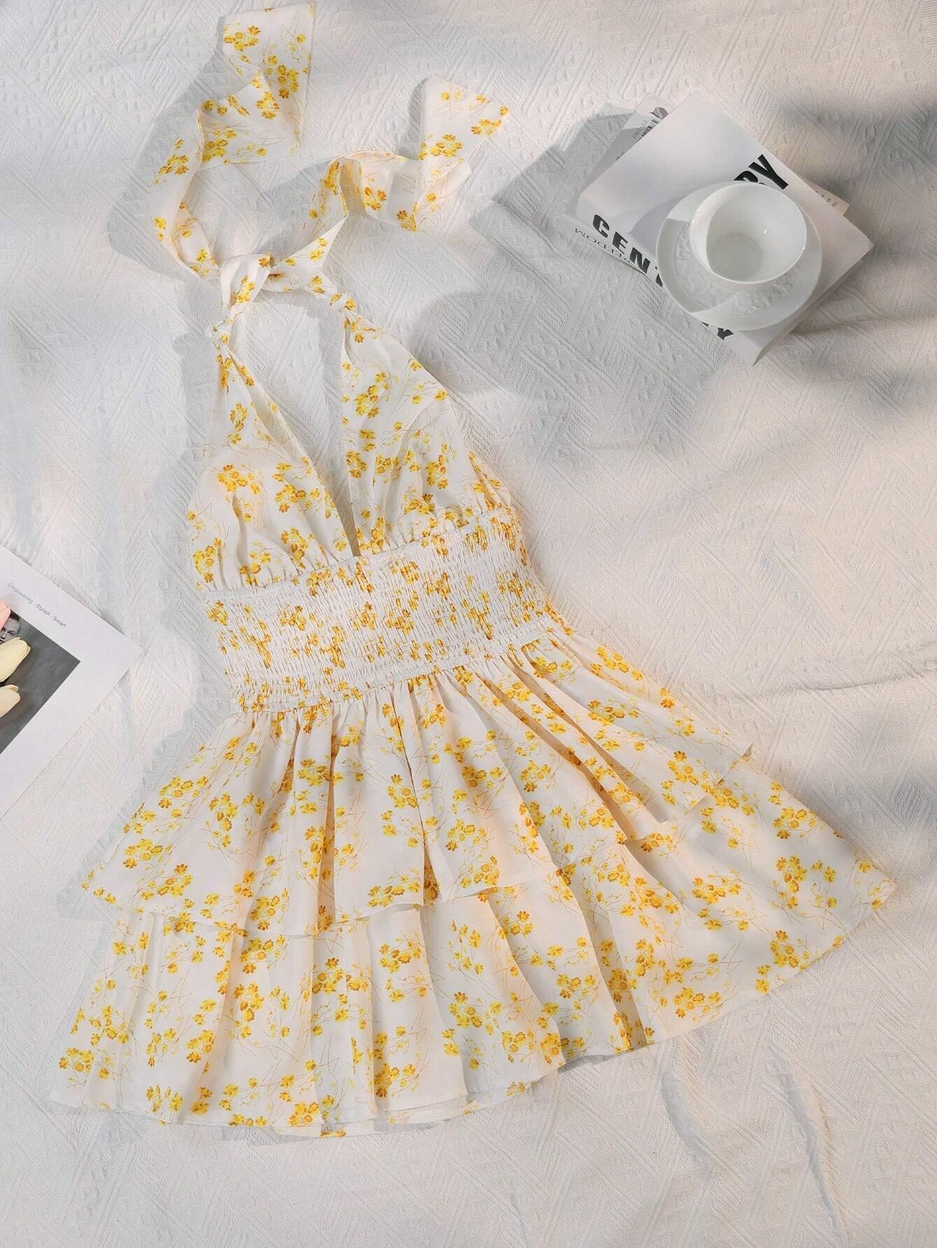 Women's Holiday Floral Flounce Halterneck With Suspenders Backless Dress