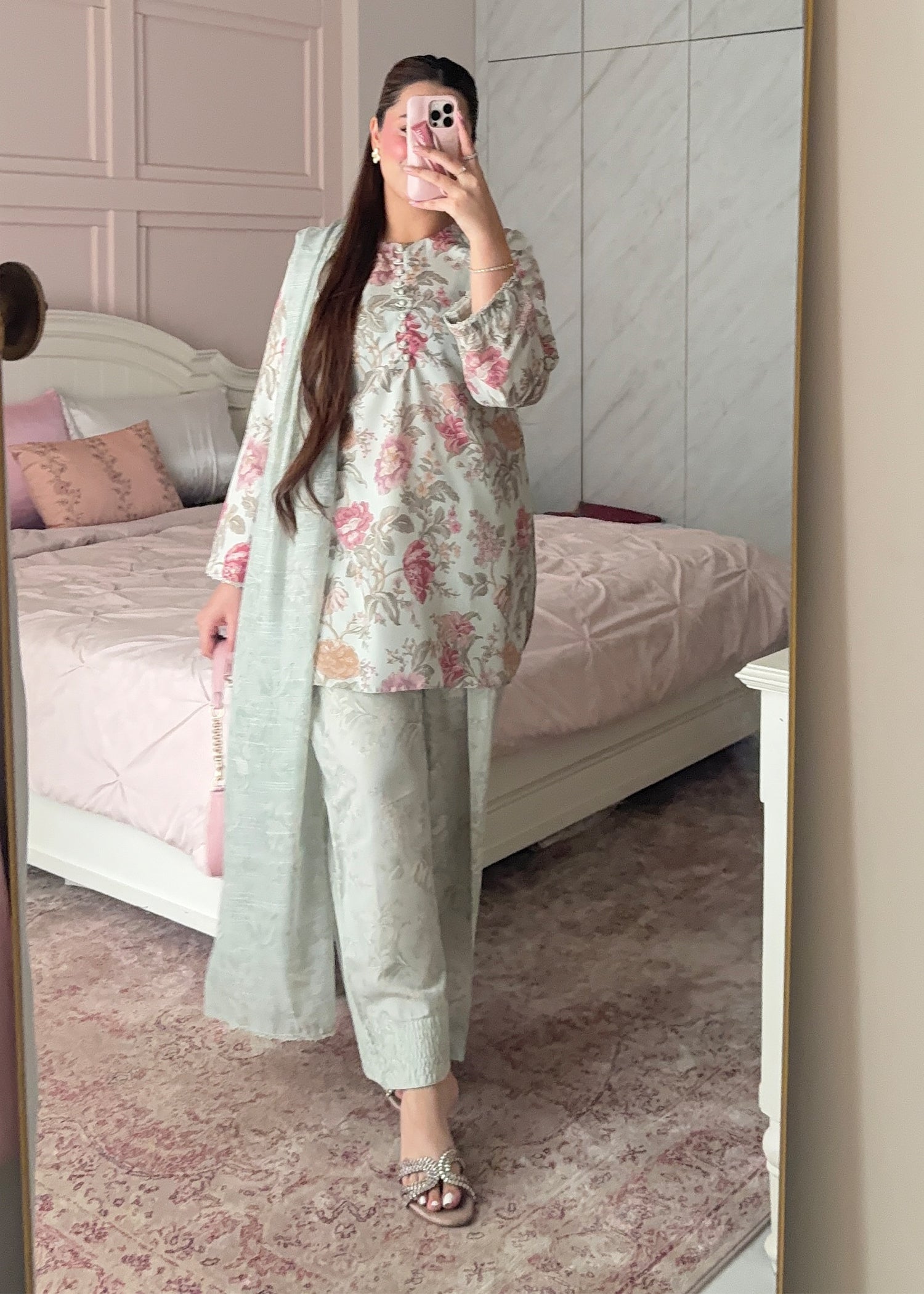 silk finish lawn Kurta Set in Mint green