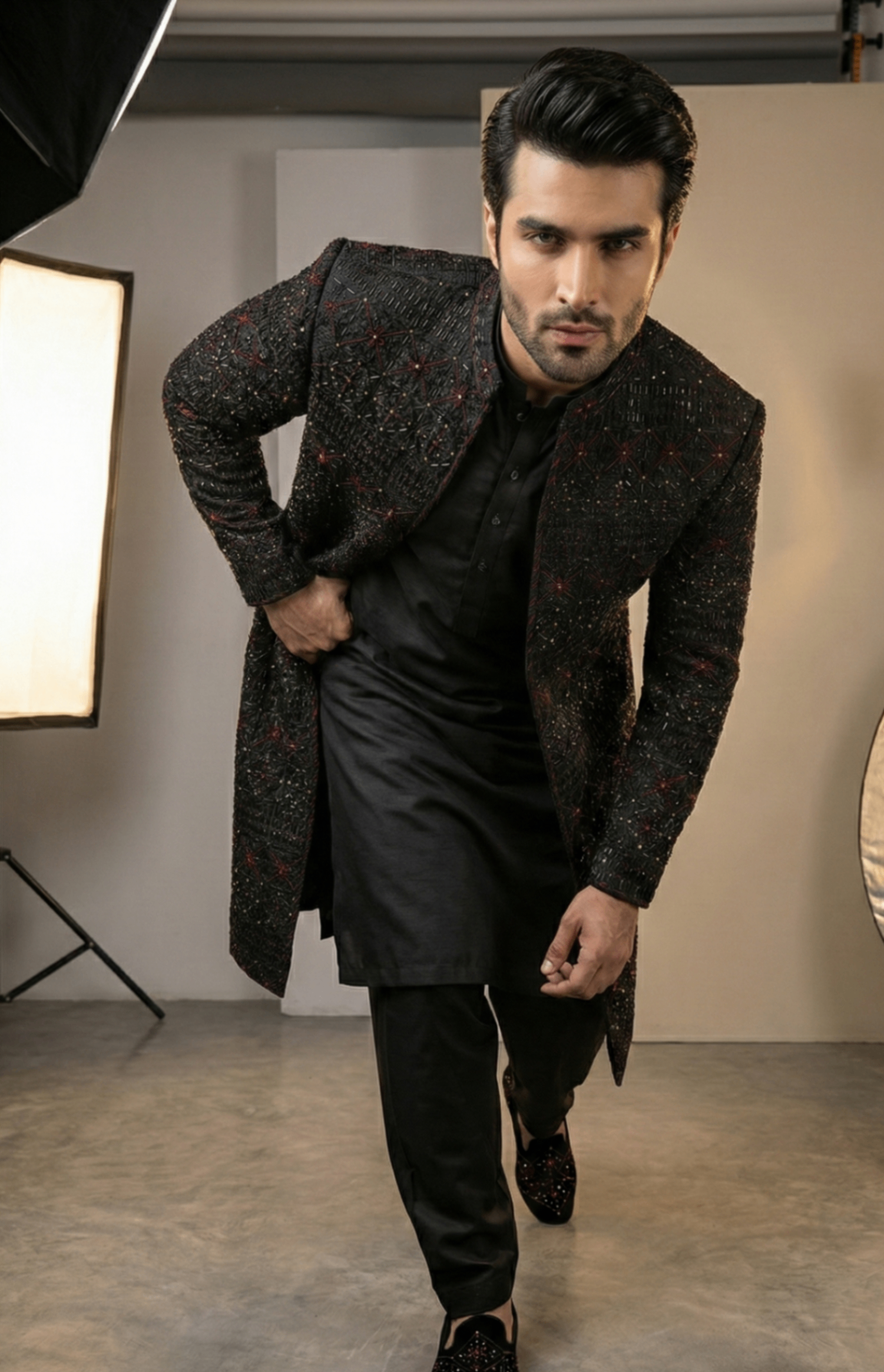 silk Sherwani in Black, gold, maroon