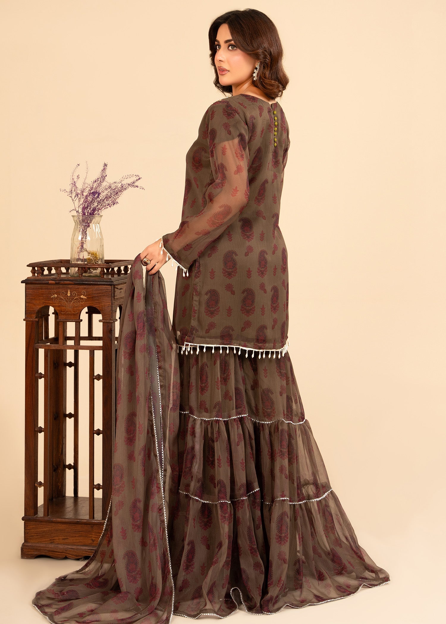 bemberg crinkle chiffon Gharara in Brown