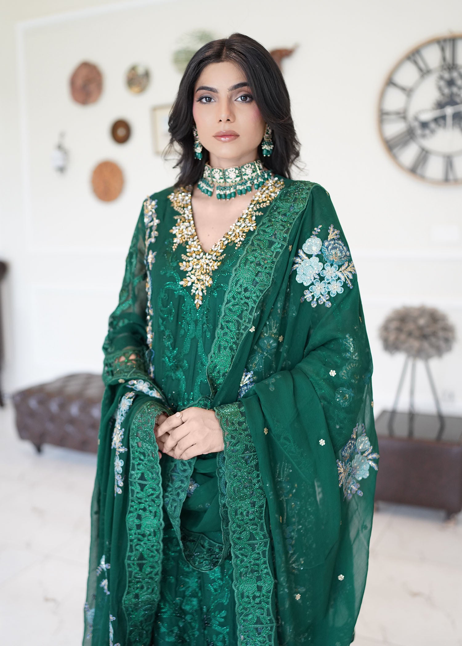 chiffon Lehenga in Emerald green