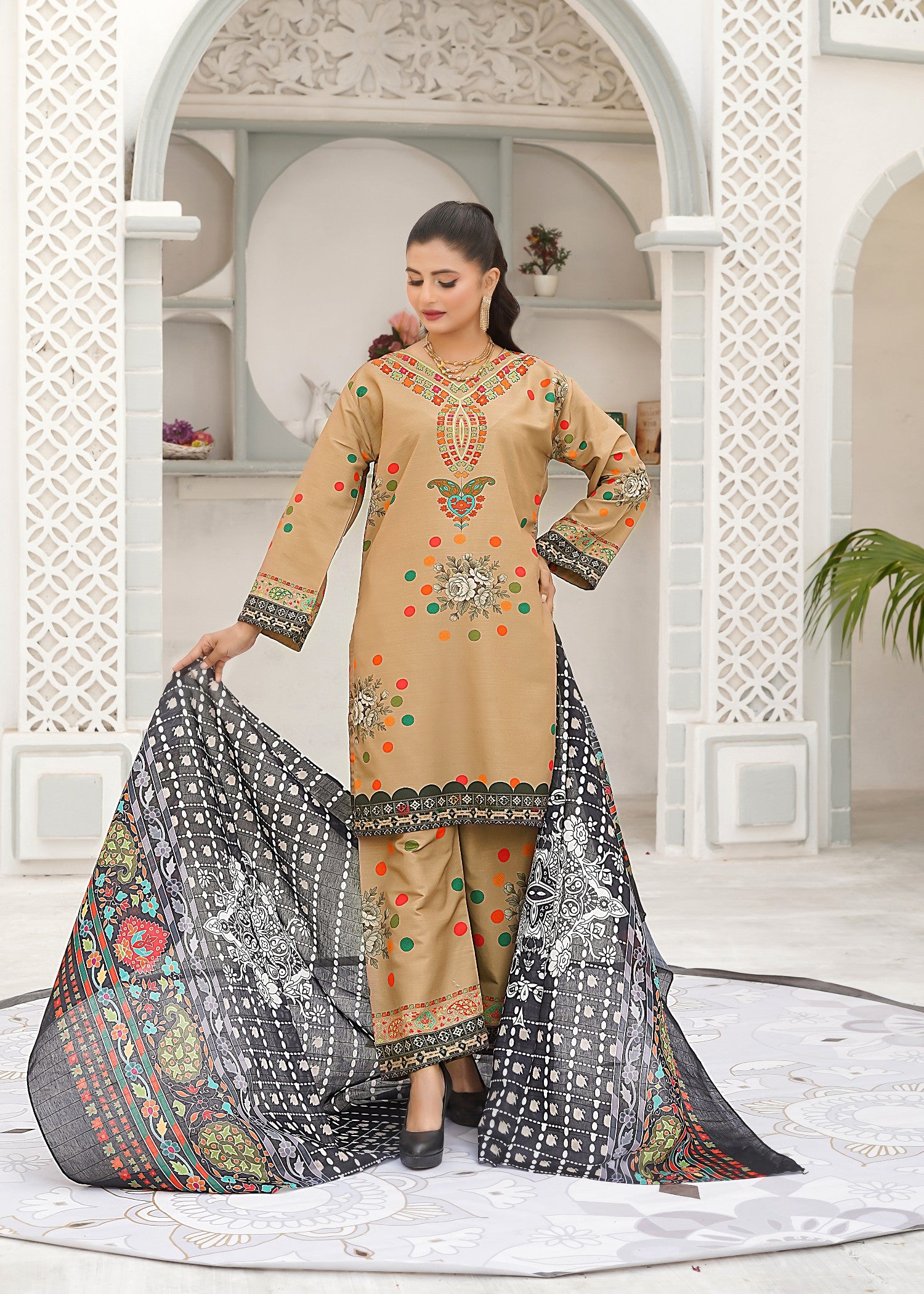 slub cambric Kurta Set in Camel brown