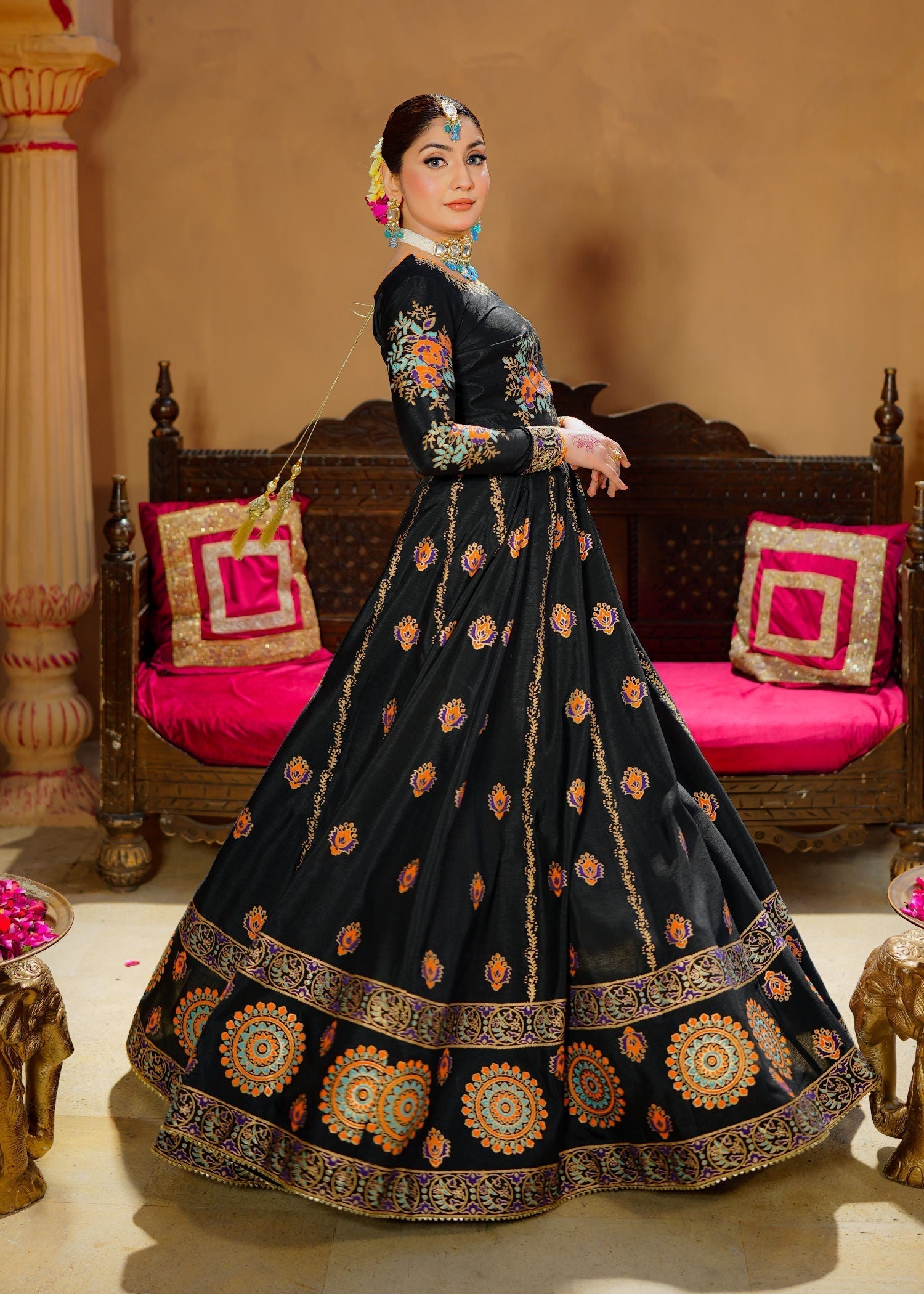 raw silk Lehenga in Black