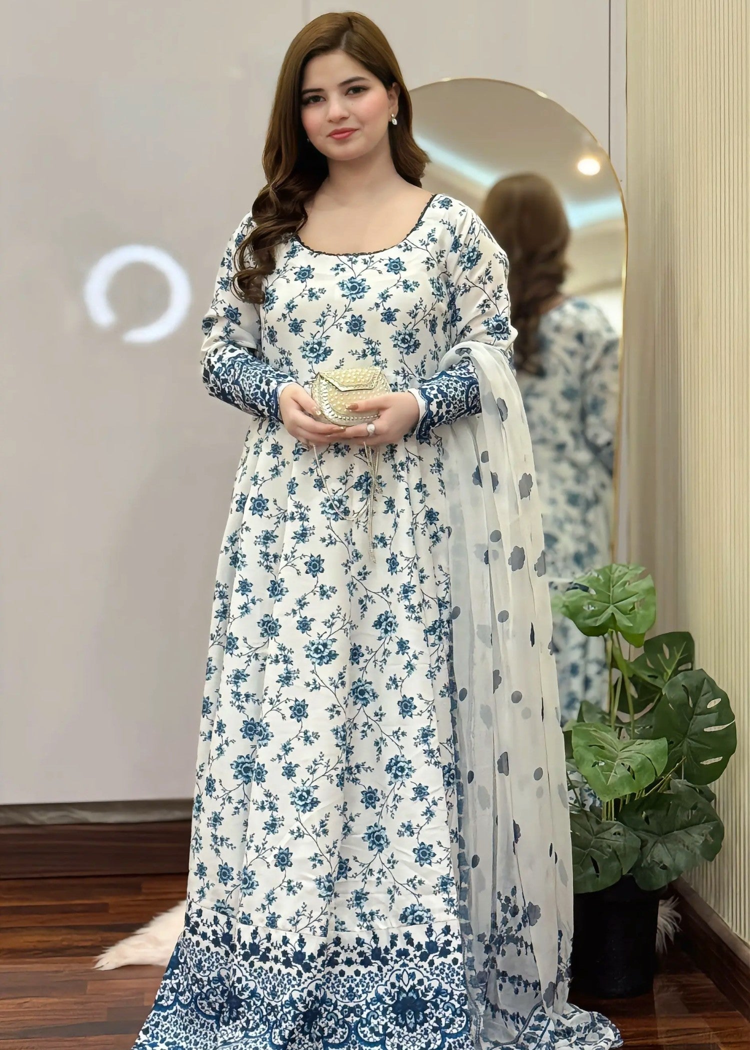 poly lawn Anarkali in Navy blue, white