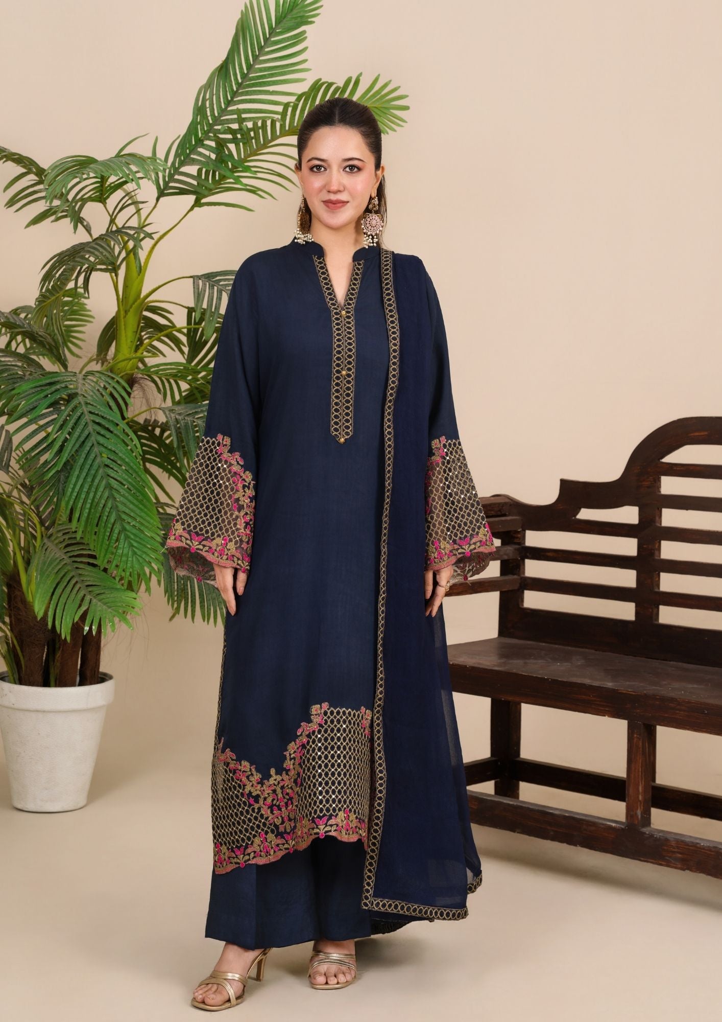 viscose raw silk Kurta Set in Navy blue