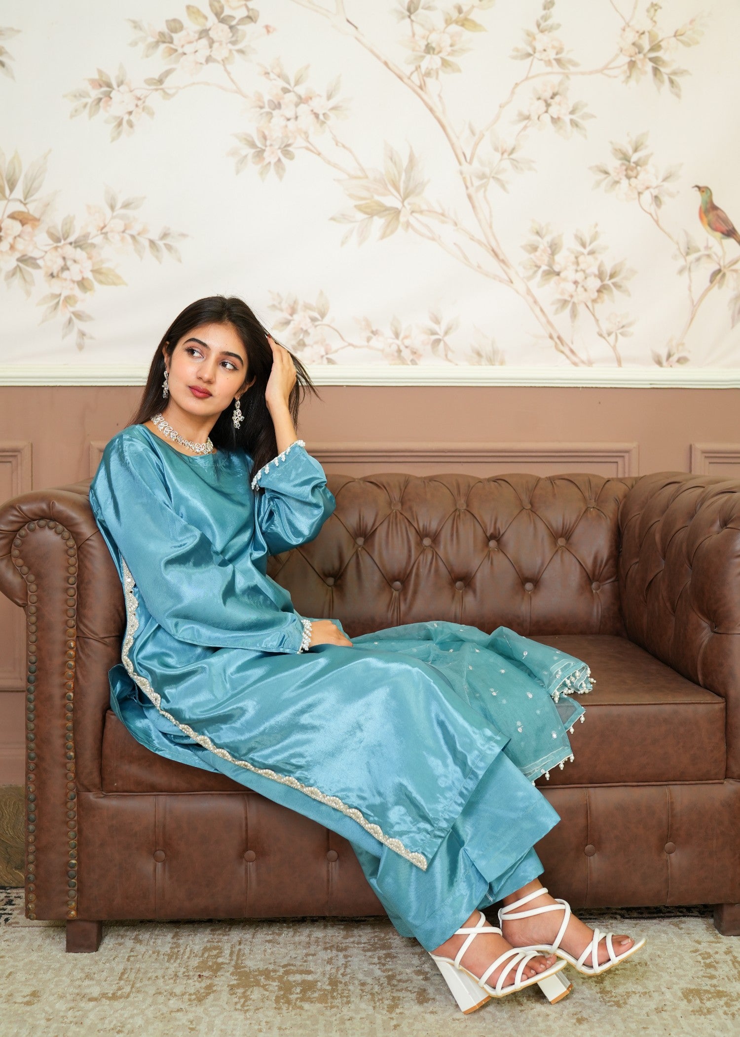 silk Kurta Set in Ocean blue