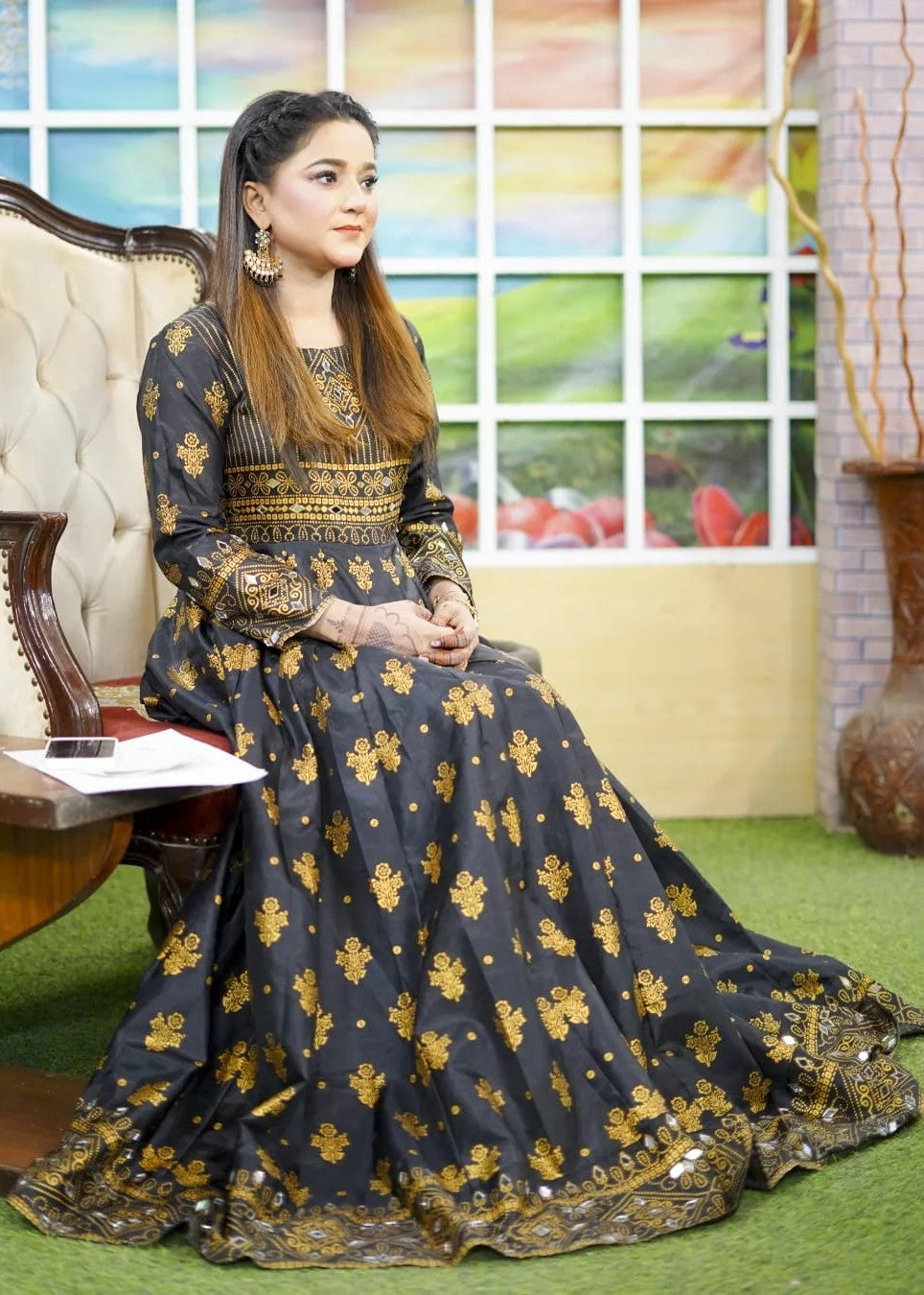 satin silk Anarkali in Black