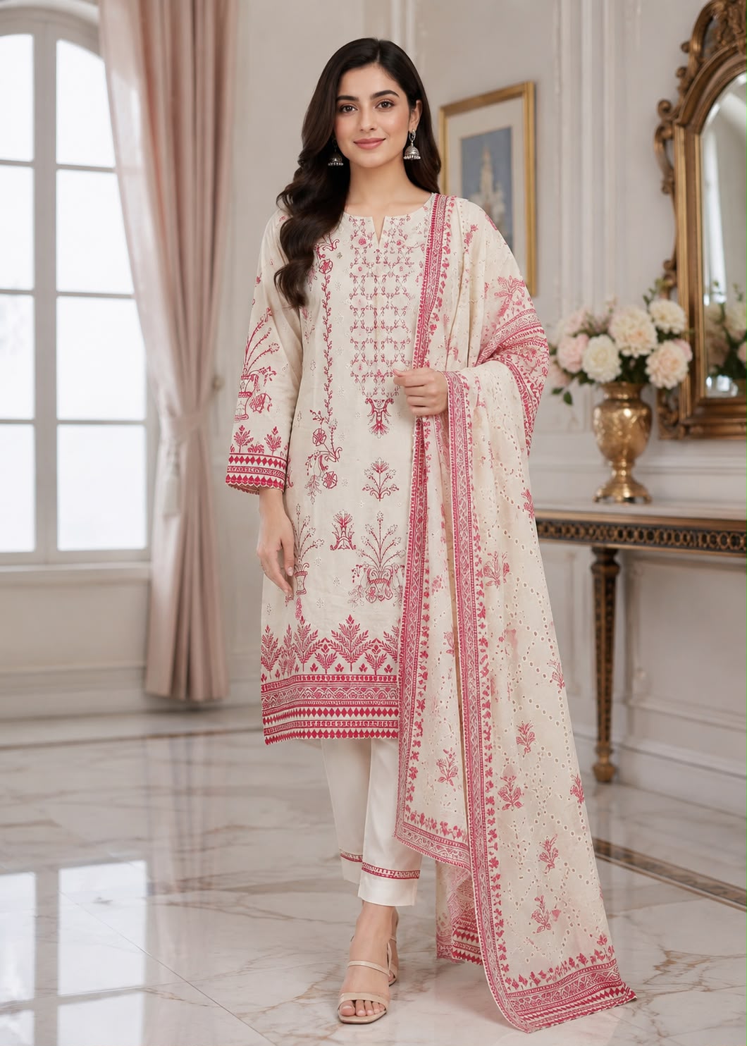 lawn Kurta Set in Ivory, raspberry pink