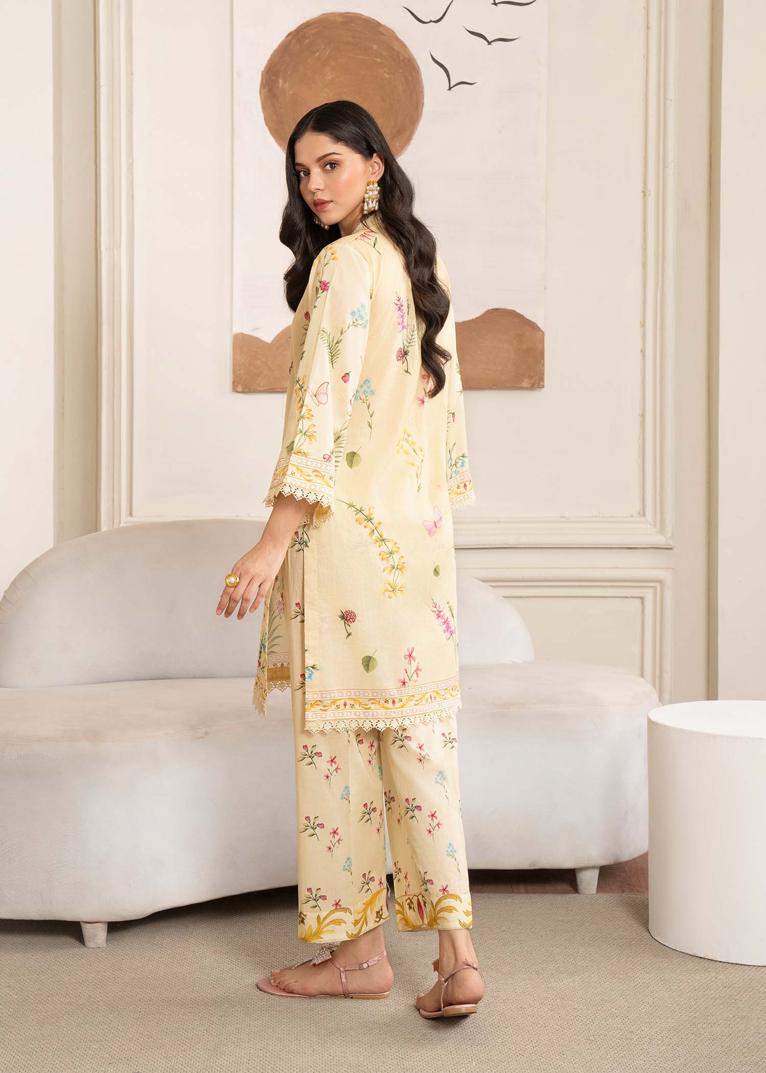 silk finish lawn Kurta Set in Light yellow
