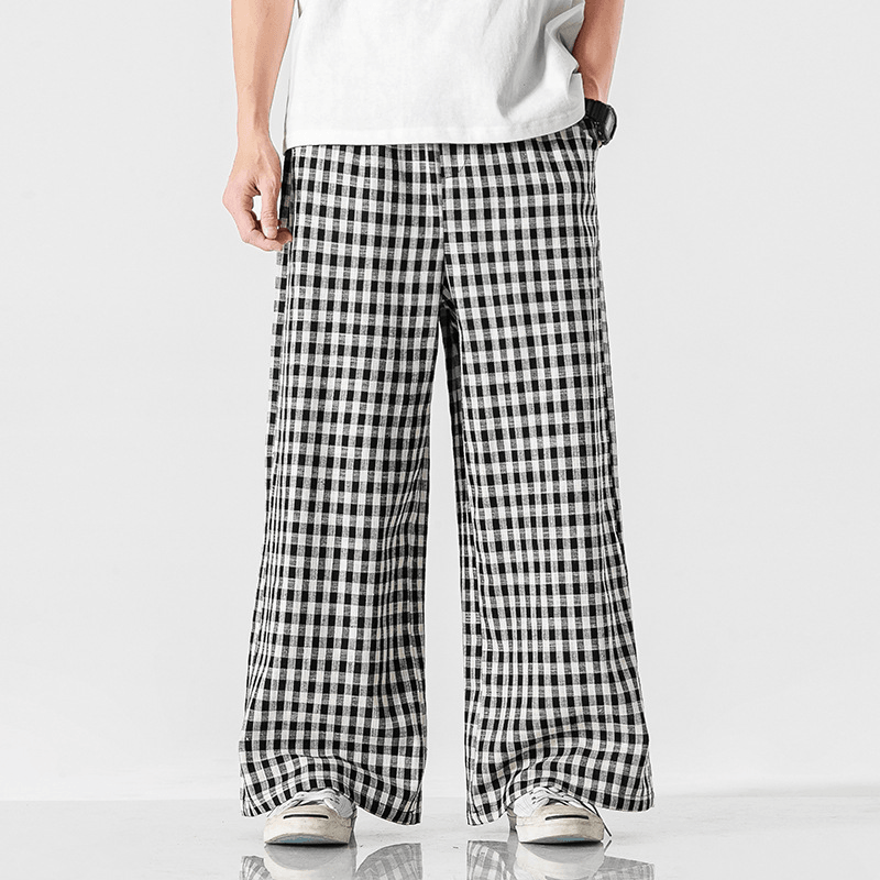 Summer plus Size Chinese Style Cotton and Linen Plaid Baggy Pants