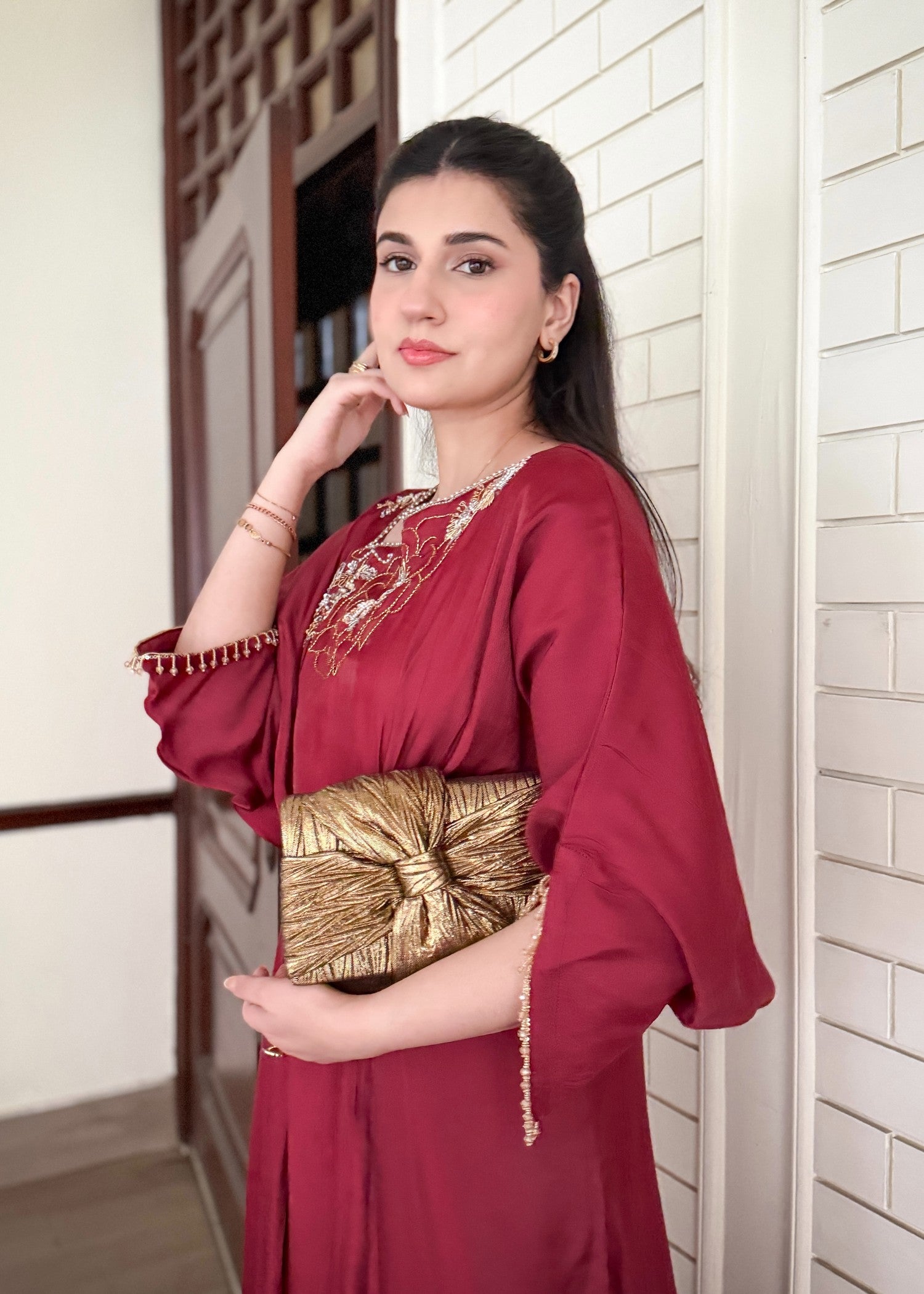 cotton silk Kaftan in Maroon