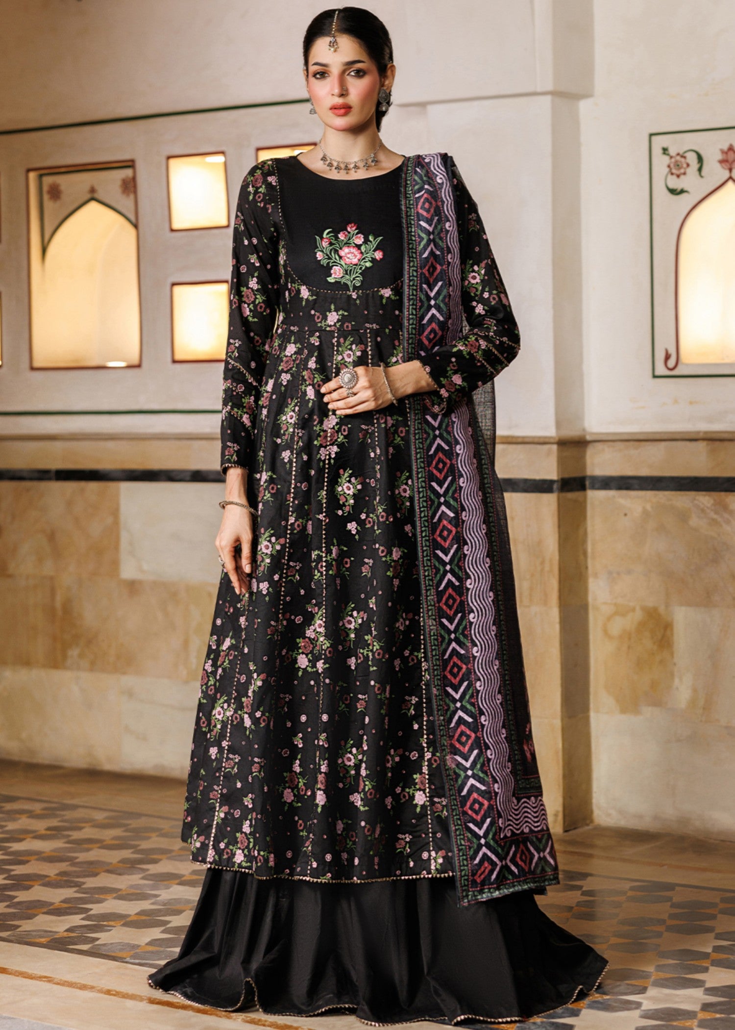 lawn cotton Angrakha in Black
