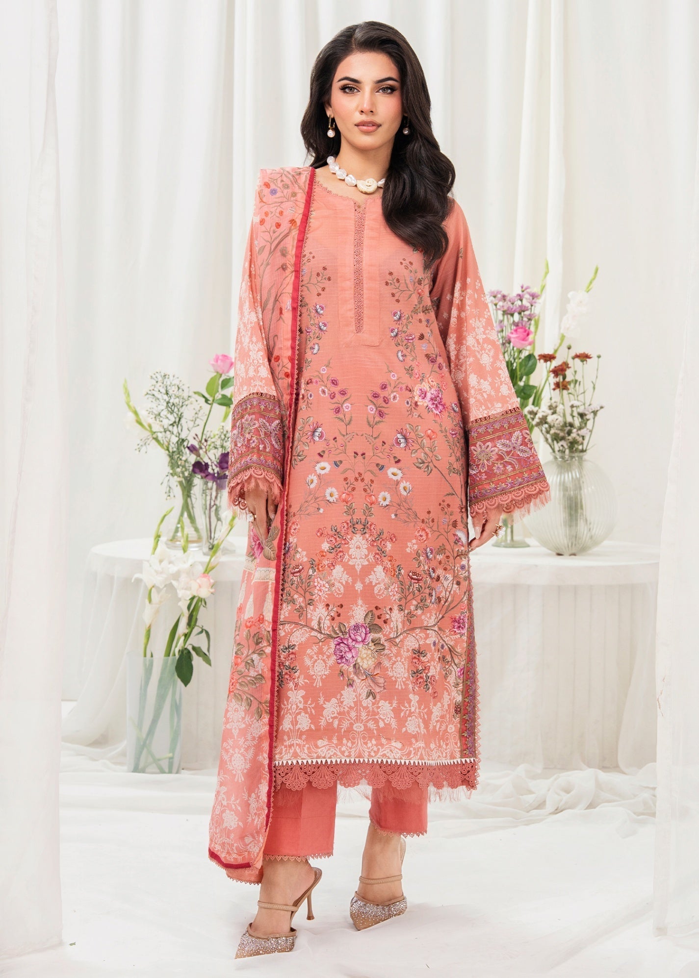 lawn Kurta Set in Apricot orange