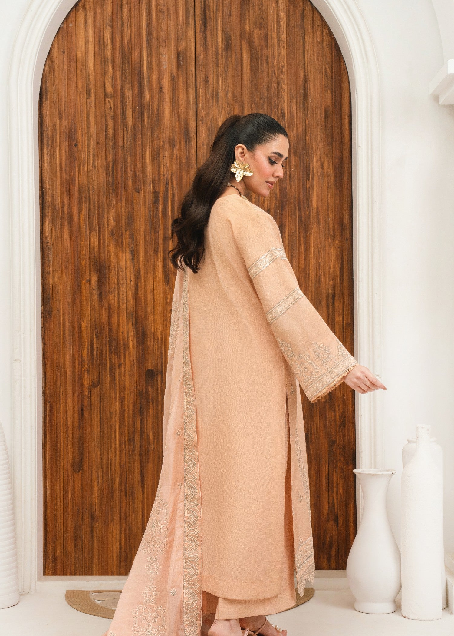 raw silk Kurta Set in Apricot orange, silver