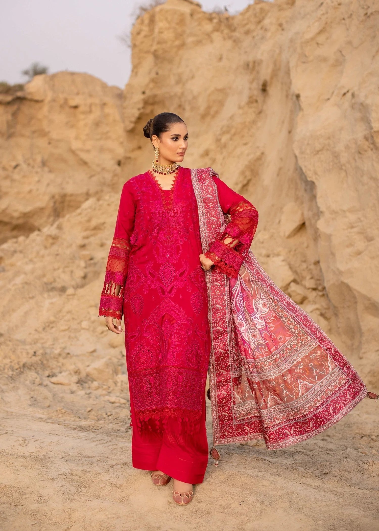 raw silk Kurta Set in Hot pink red