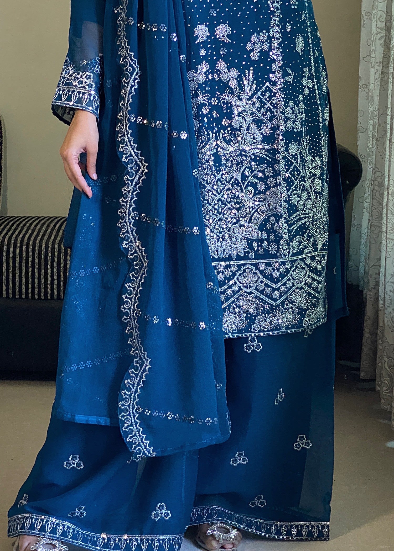 chiffon Kurta Set in Teal, blue