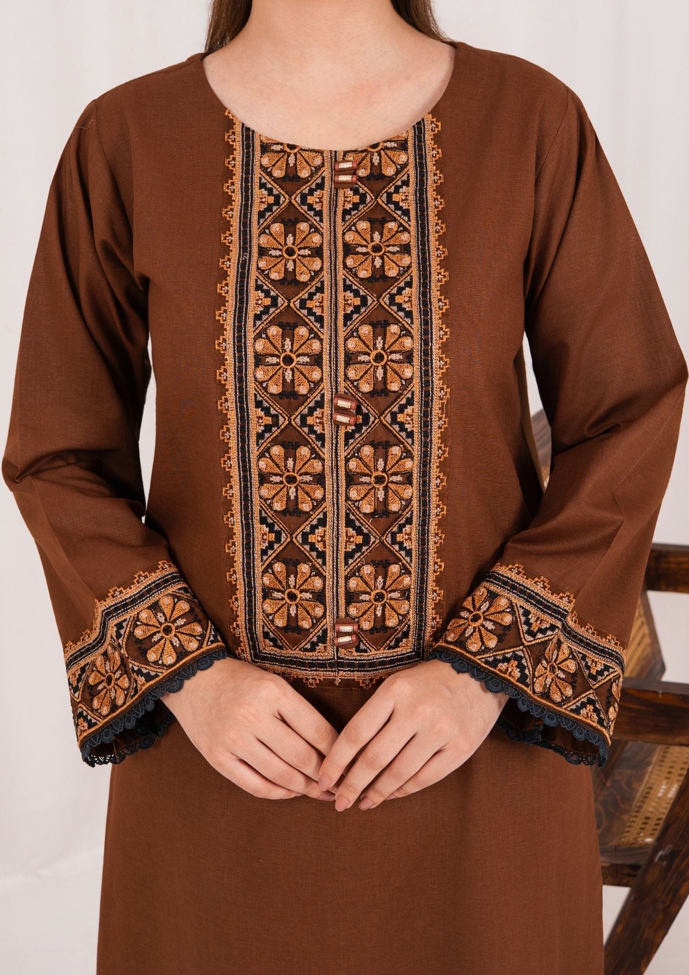 khaddar Kurta Set in Chocolate brown