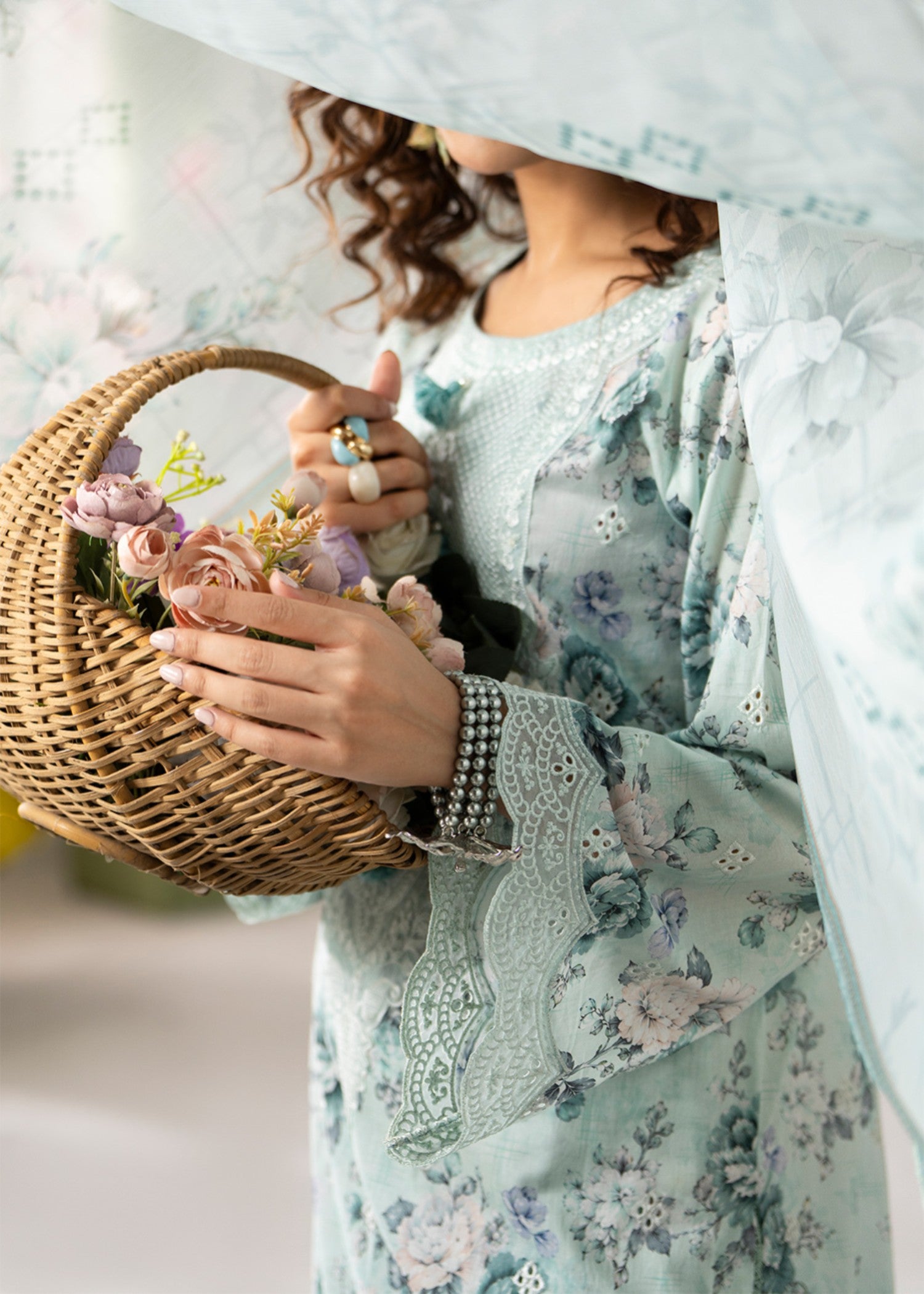 lawn cotton Sharara in Mint green, ice blue