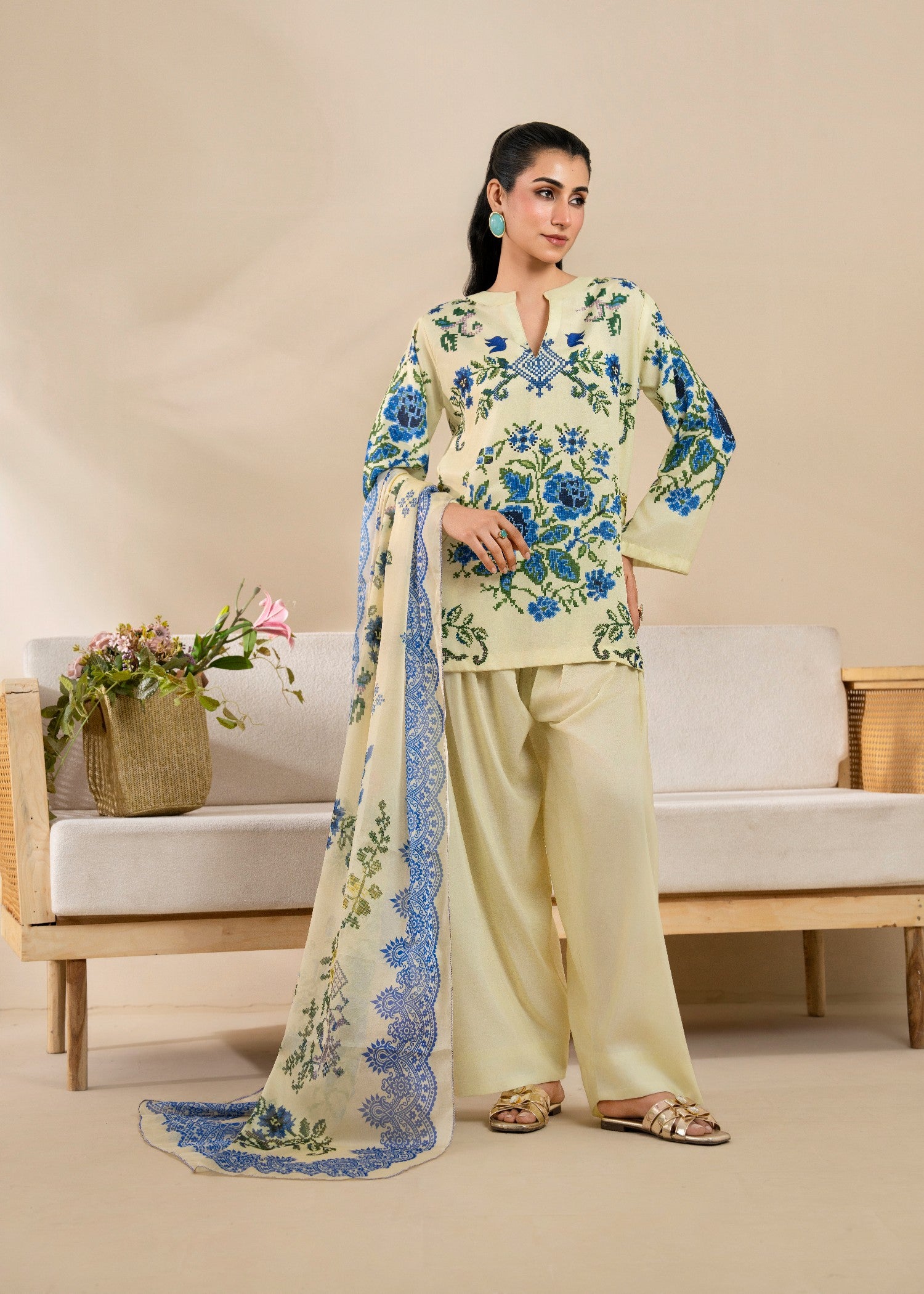poly lawn Kurta Set in Butter