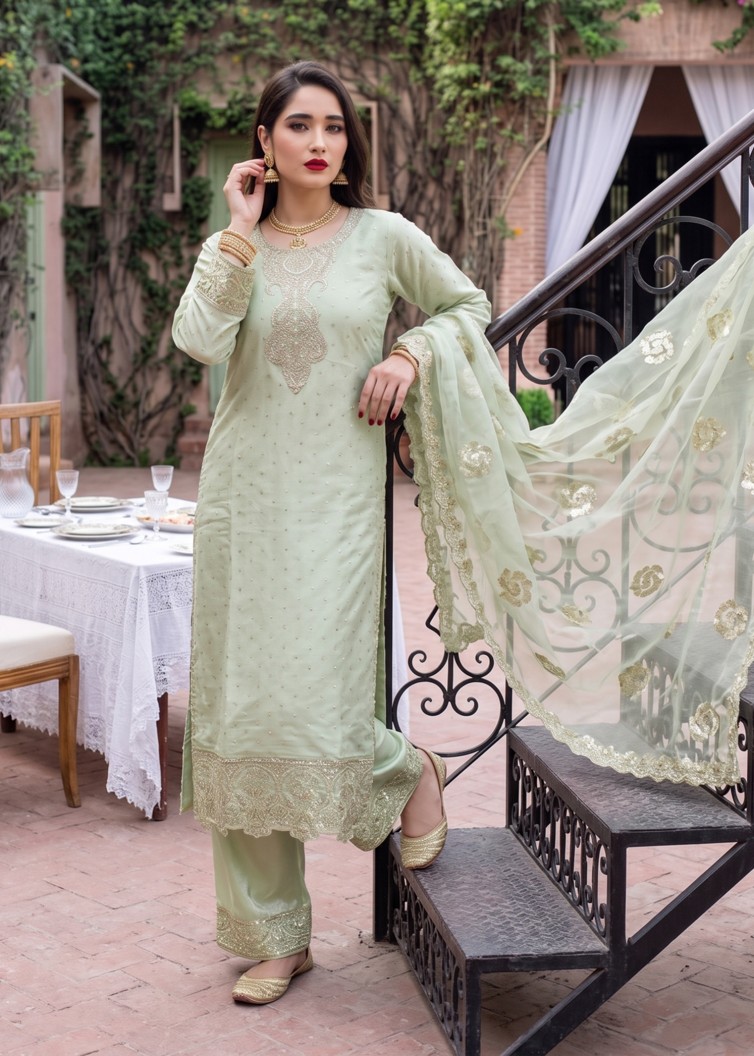 chiffon Kurta Set in Pistachio green