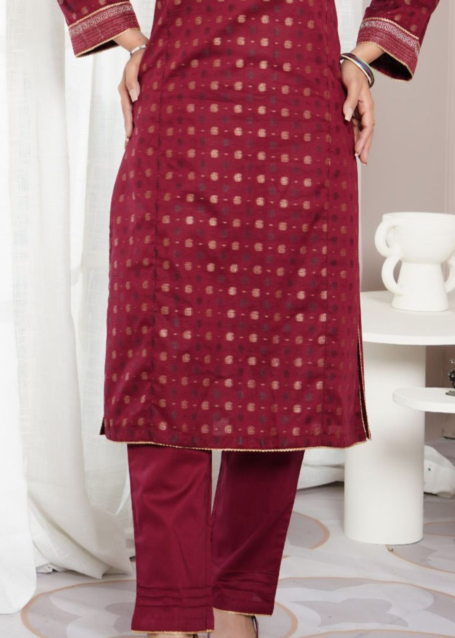 jacquard Kurta Set in Maroon