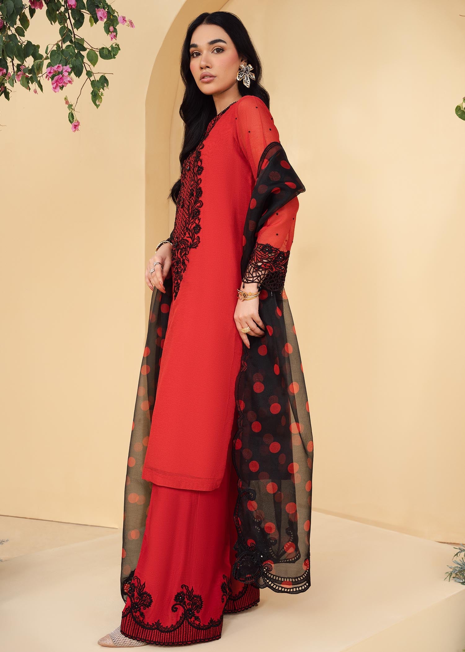 polyester net Kurta Set in Red