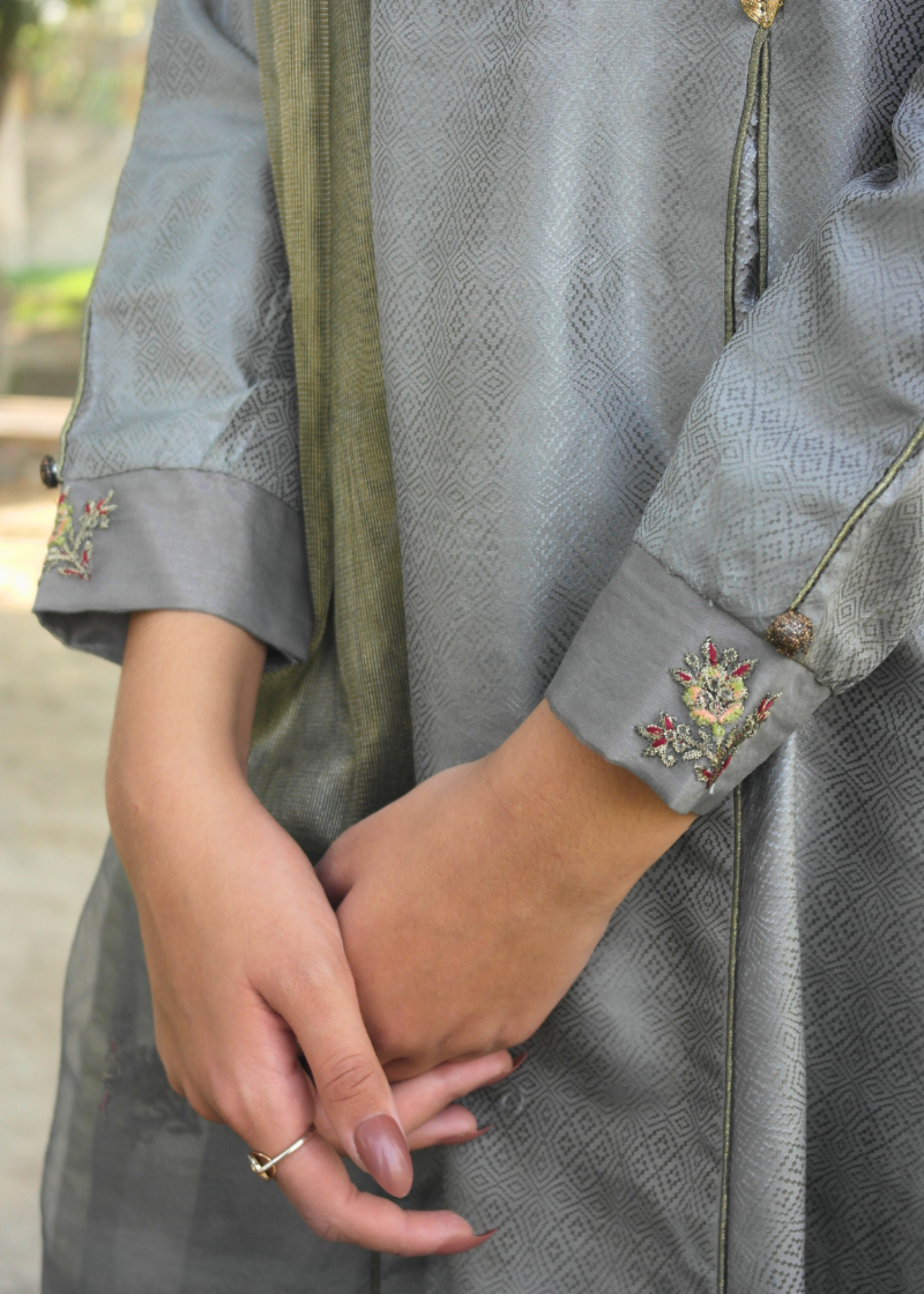 jacquard silk Anarkali in Ash grey
