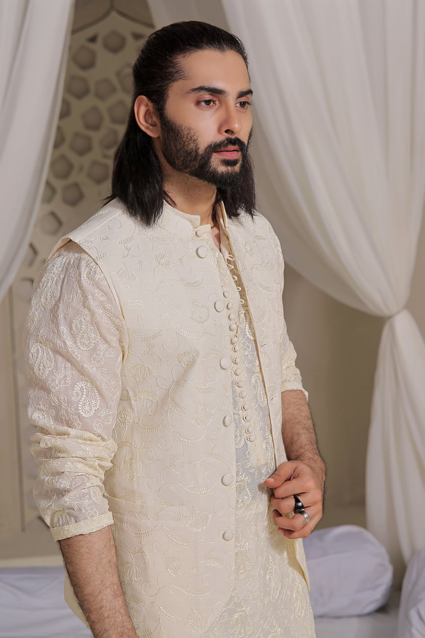 cotton Waistcoat in White by Wajahat Mansoor
