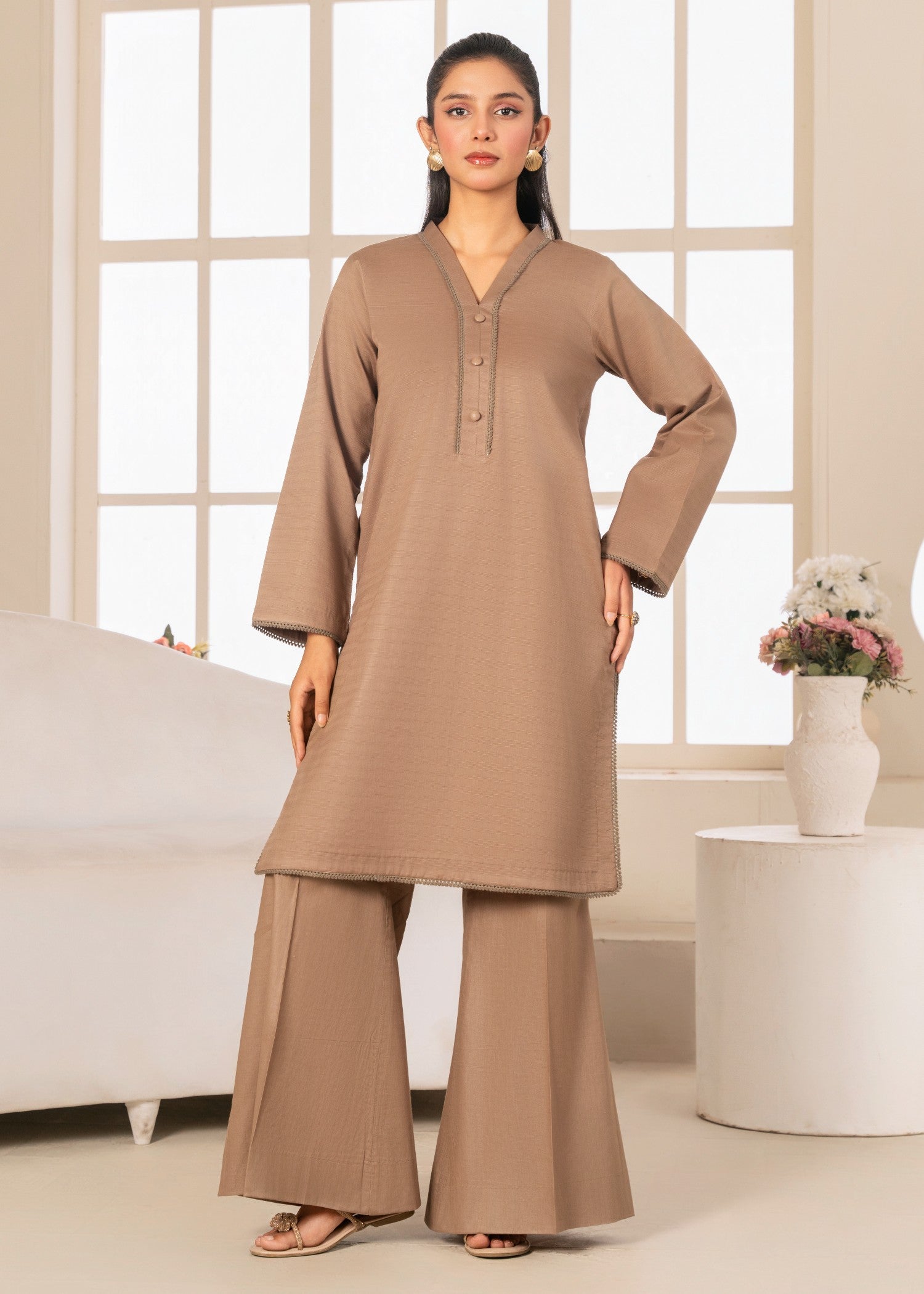 poly lawn Kurta Set in Almond brown