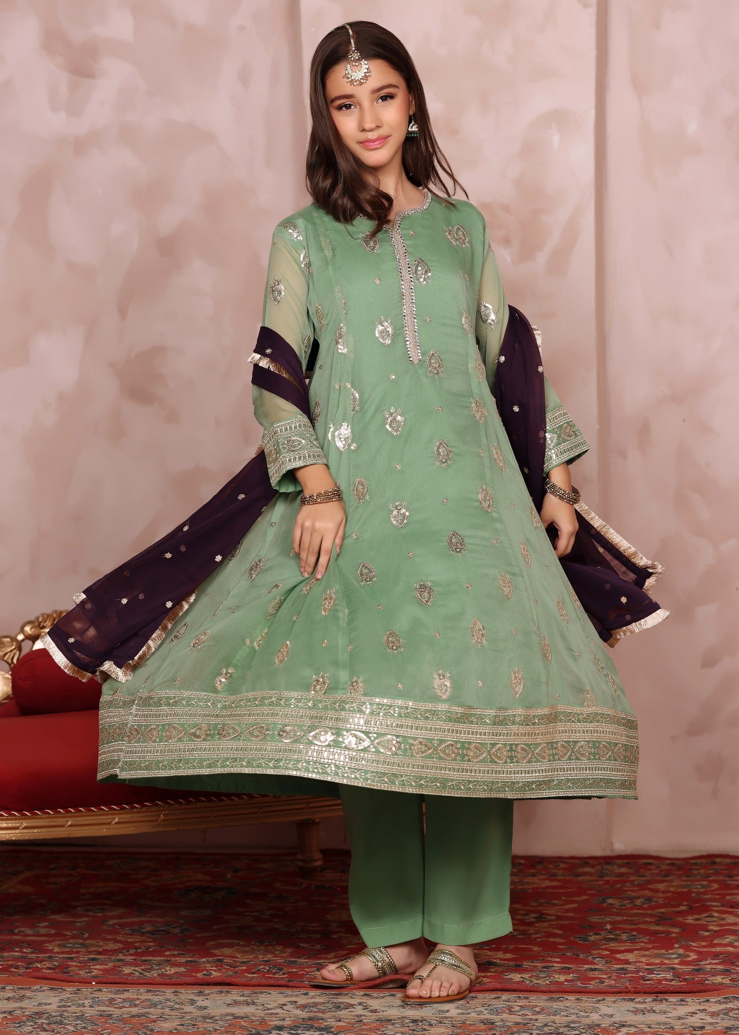 chiffon Pishwas in Pastel green