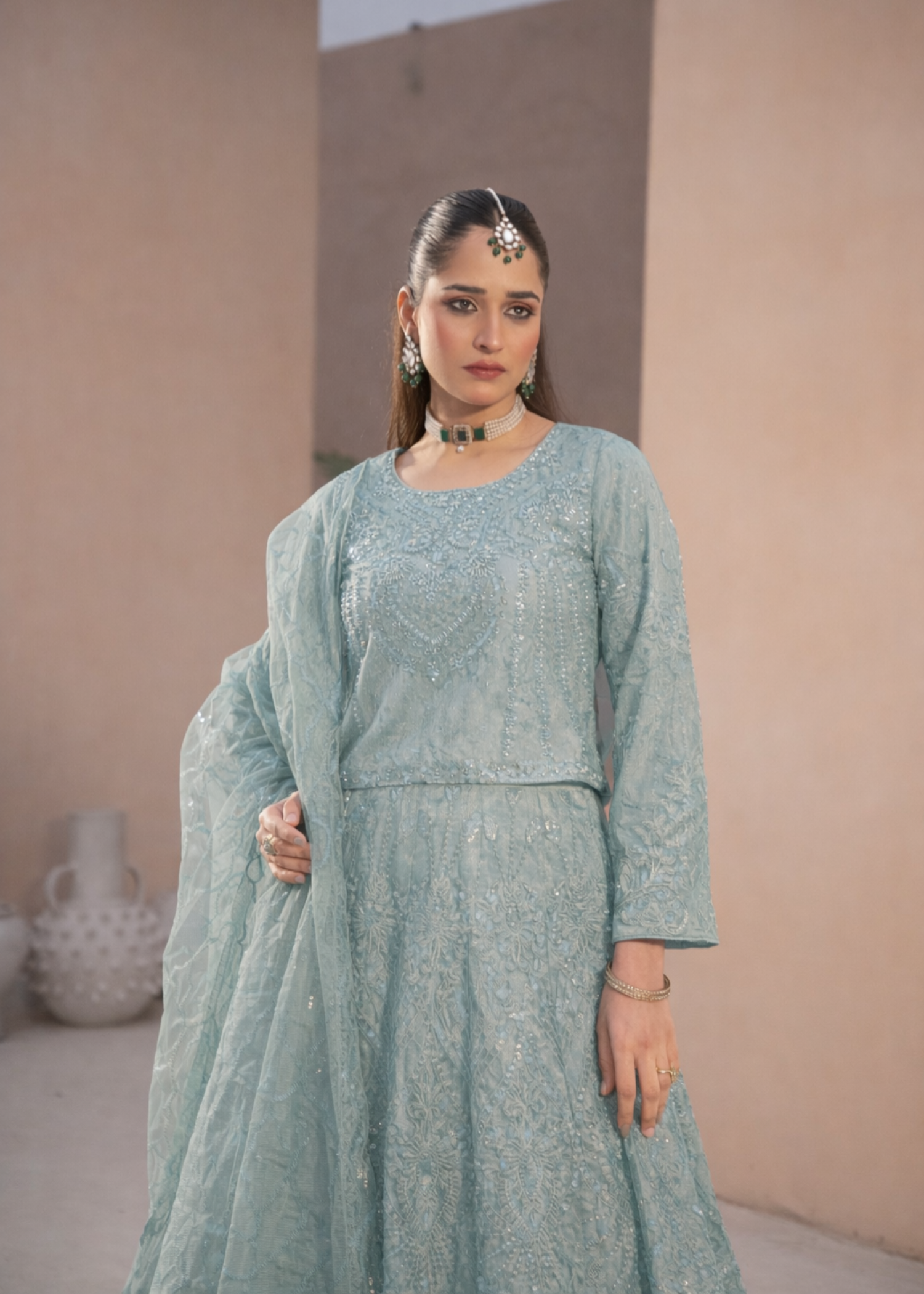 net Lehenga in Ash grey