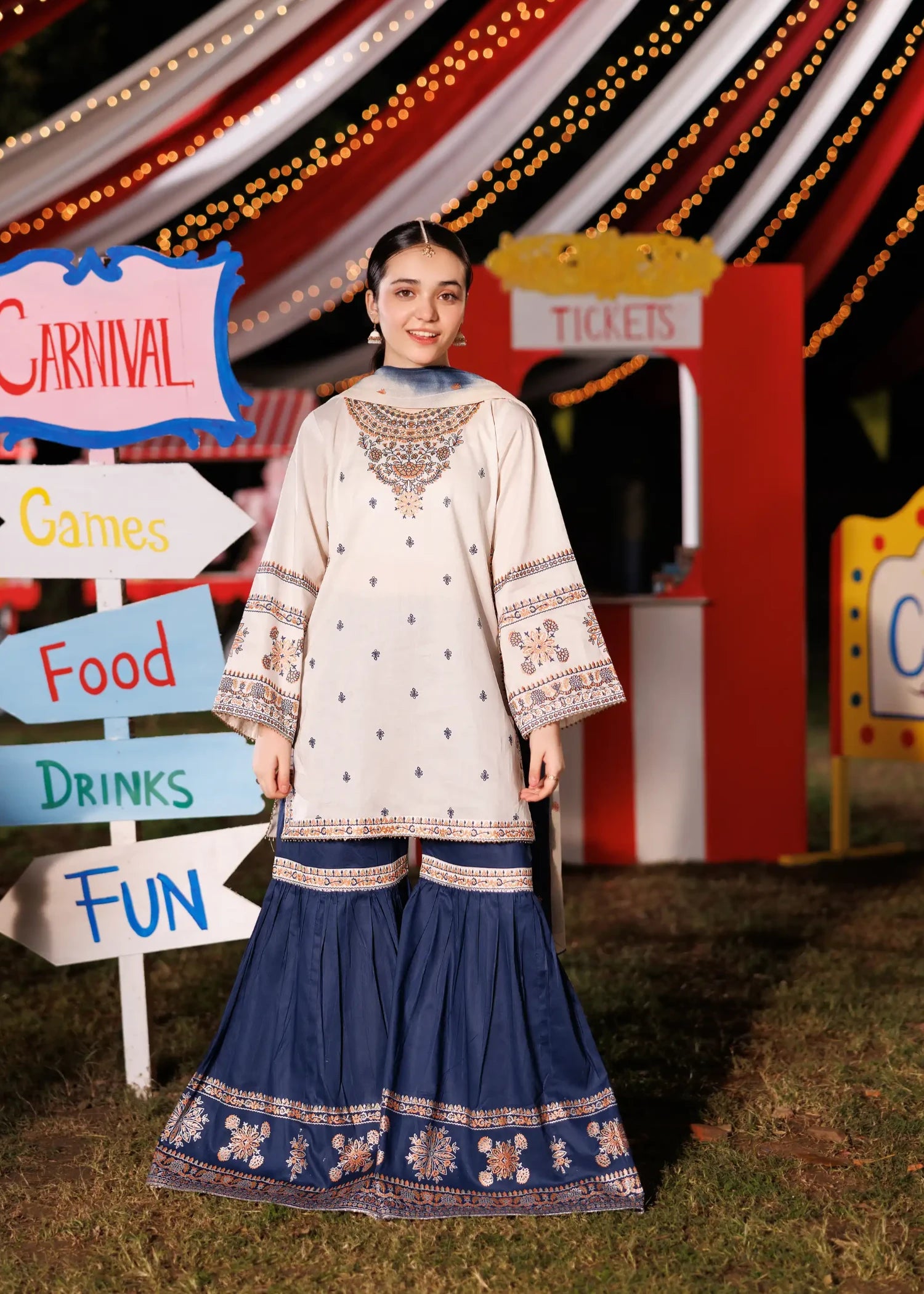 cotton Gharara in Beige, blue