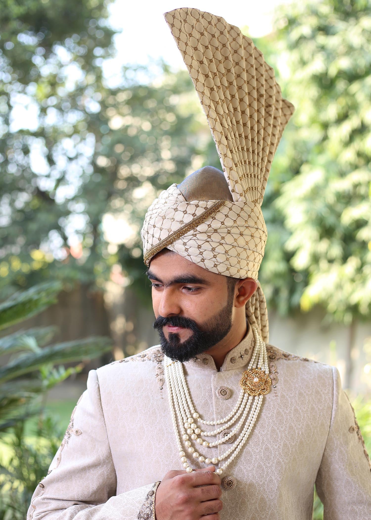 jamawar Sherwani in Cream