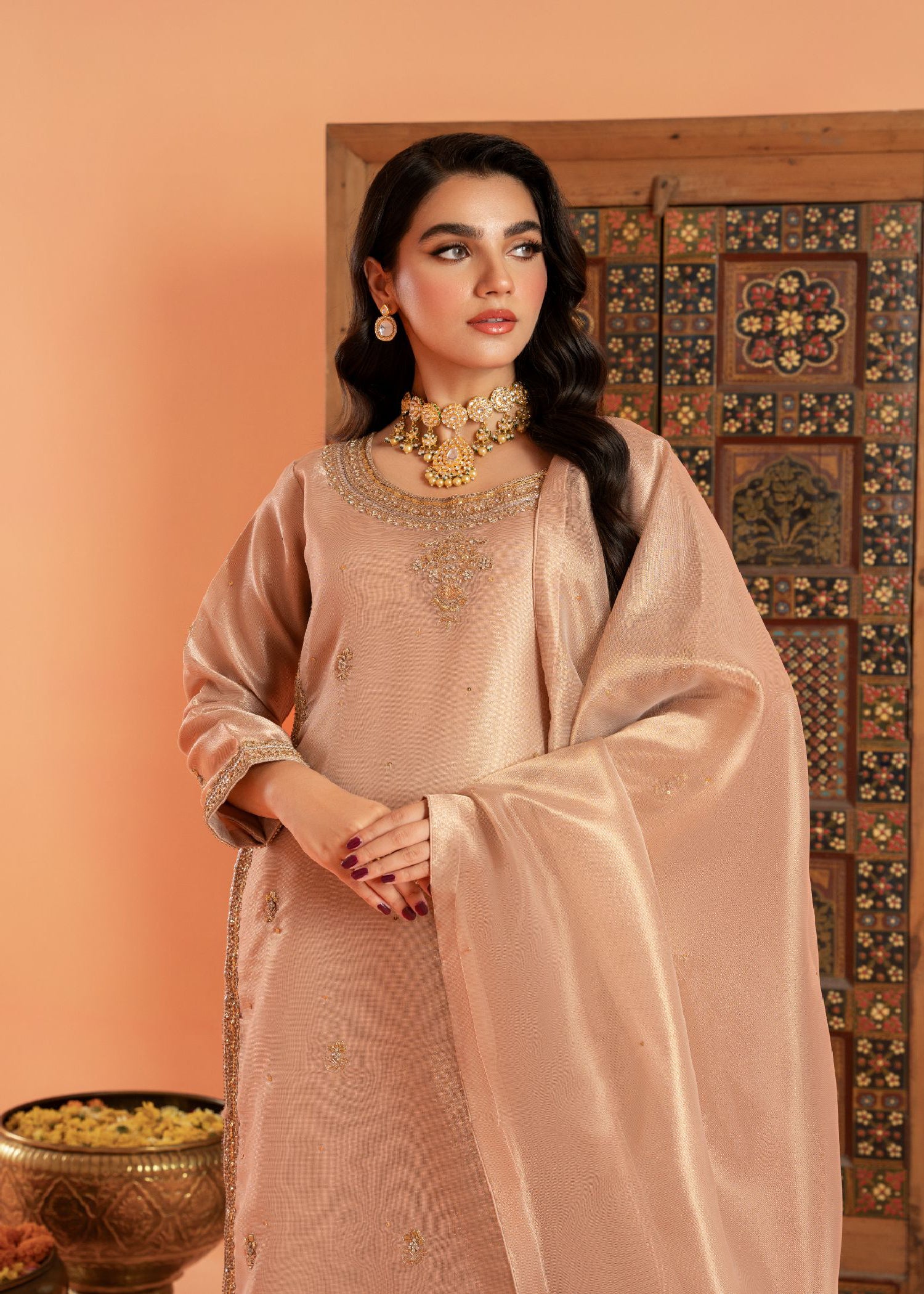 tissue Kurta Set in Pastel pink