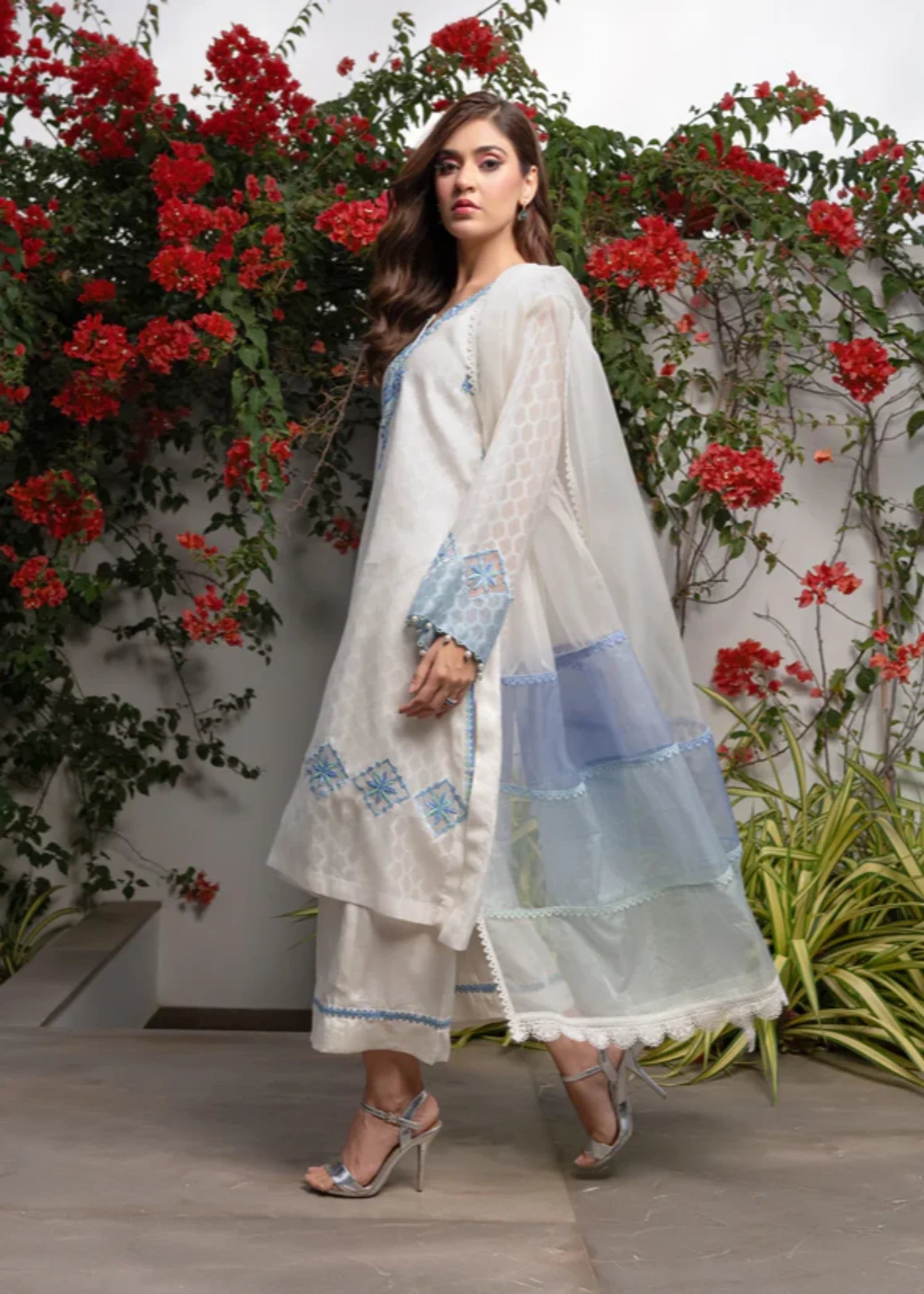 khaddi net Kurta Set in White