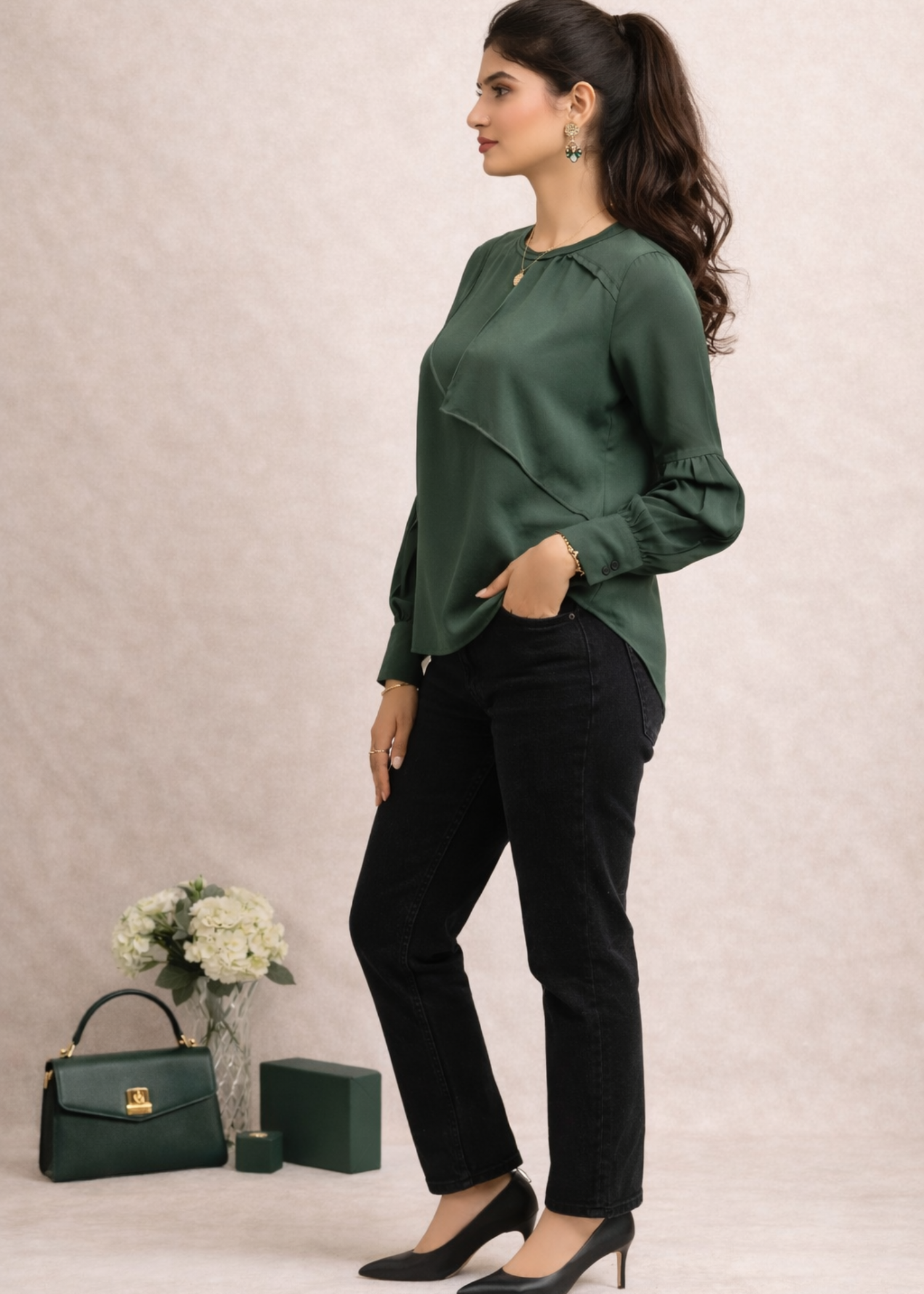satin polyester Top in Bottle green