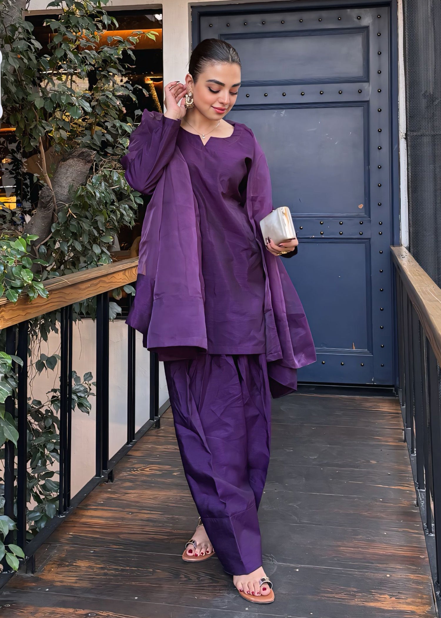 raw silk Kurta Set in Plum