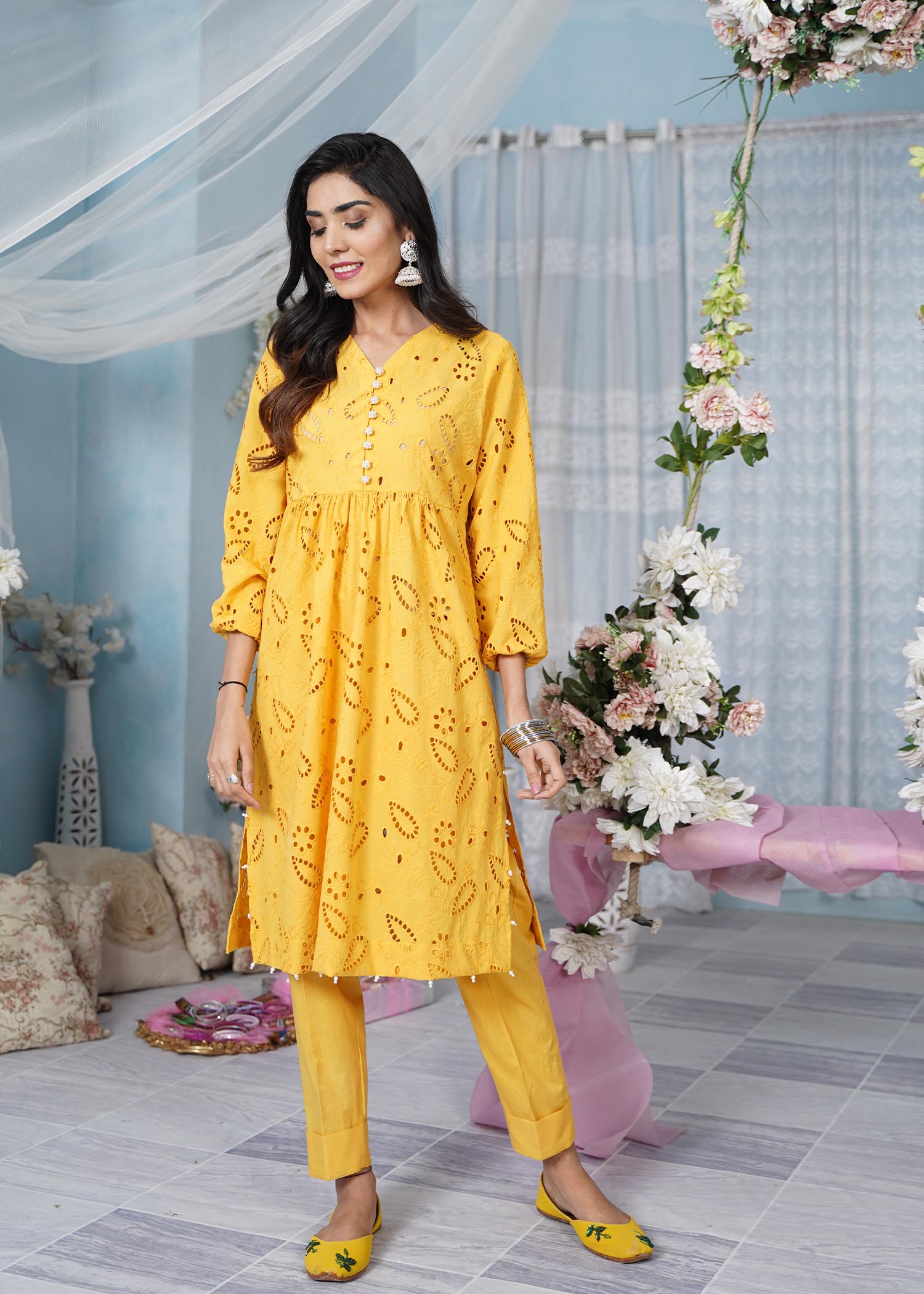 schiffli Kurta Set in Yellow