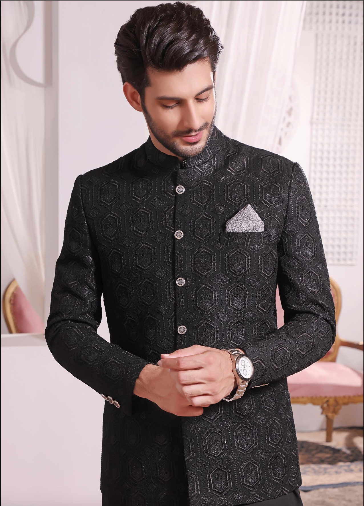 banarsi silk Prince Coat in Black