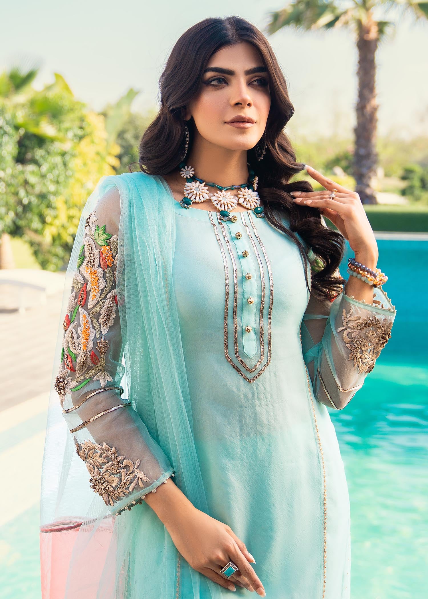 organza Kurta Set in Light cyan