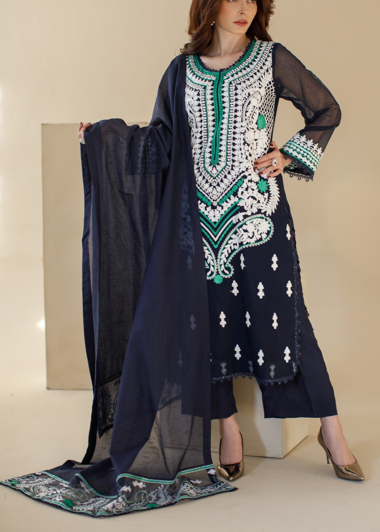 poly silk cotton net Kurta Set in Navy blue